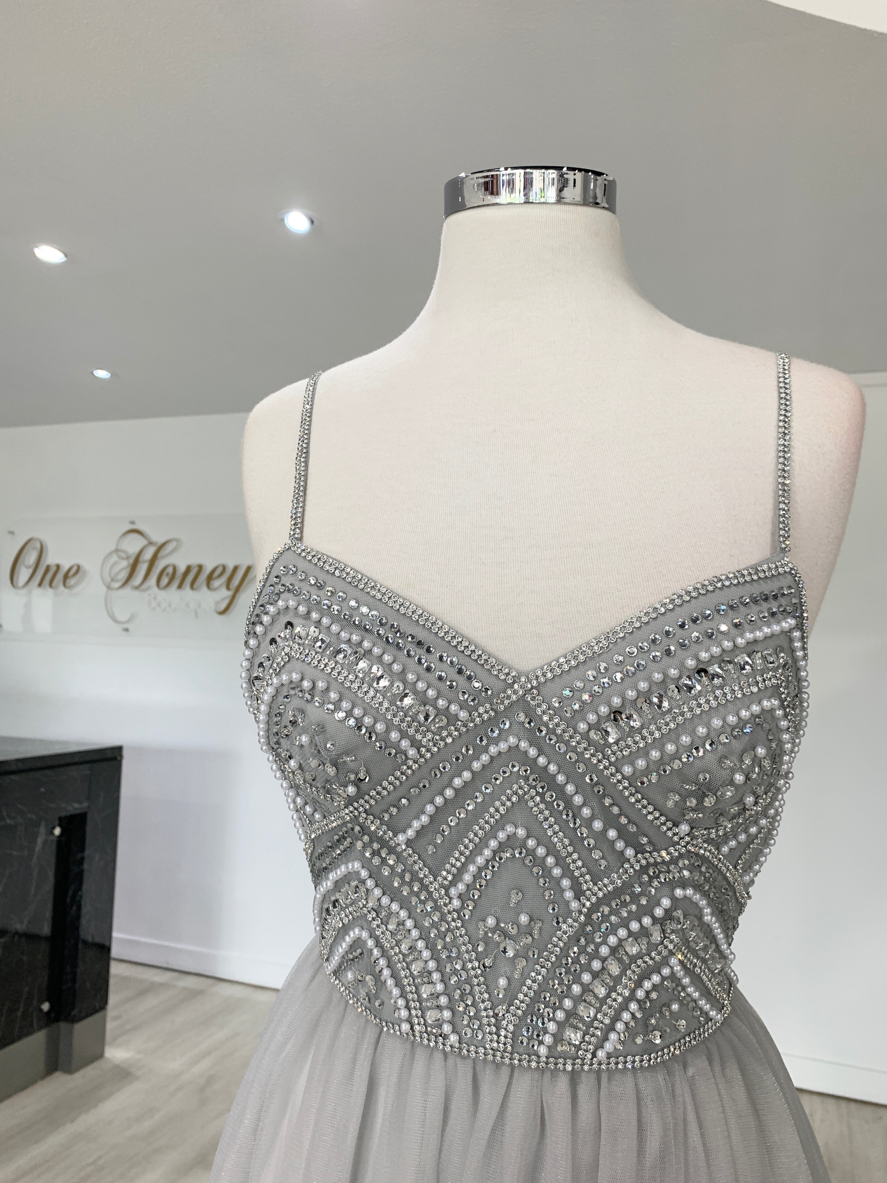 Honey Couture AINSLEY grey silver beaded tulle gown with crystal bodice by Australian designer, perfect for proms and formal events.