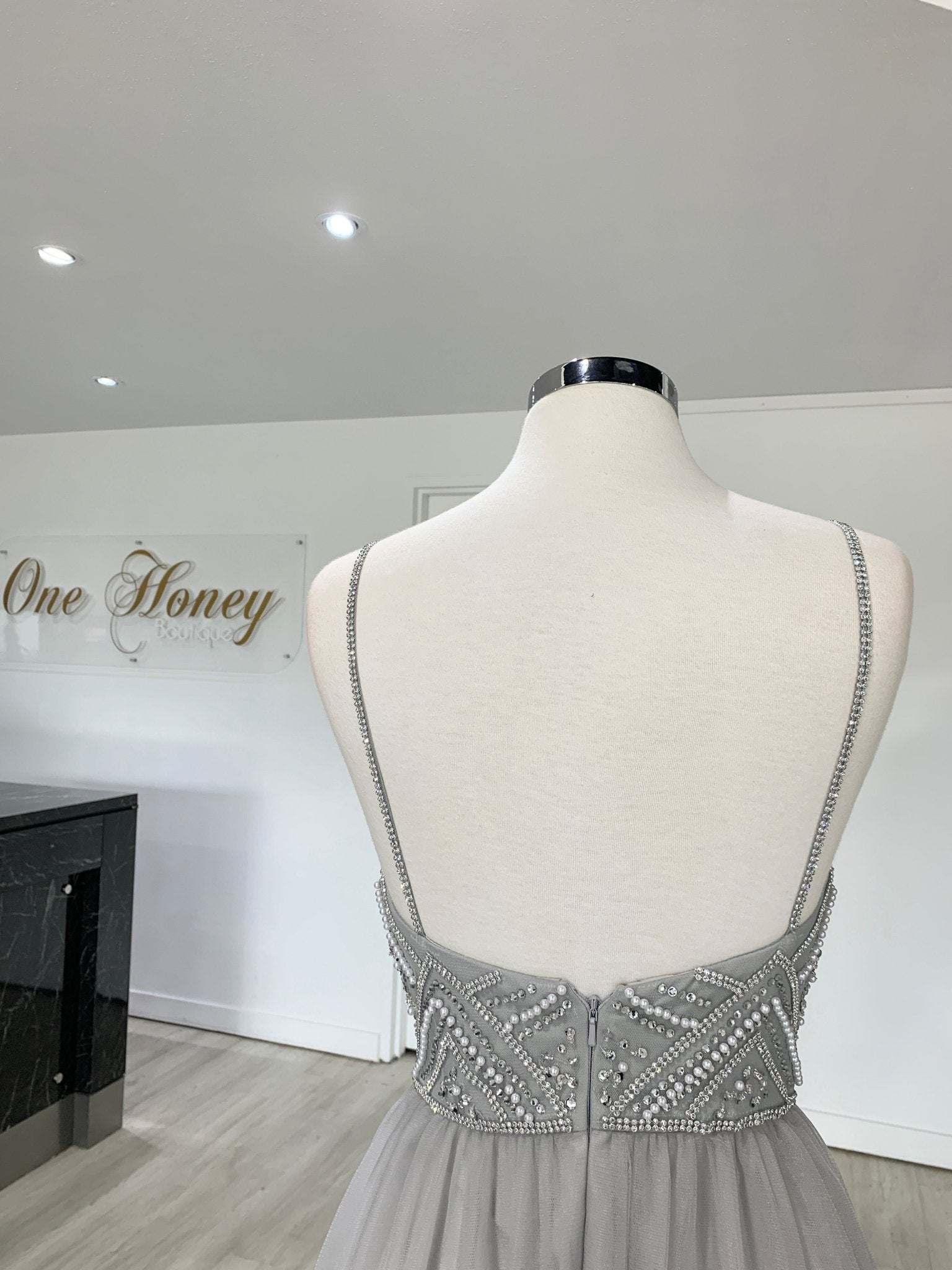Honey Couture AINSLEY Grey Silver Crystal Beaded Tulle Formal Gown in Australia | One Honey Boutique