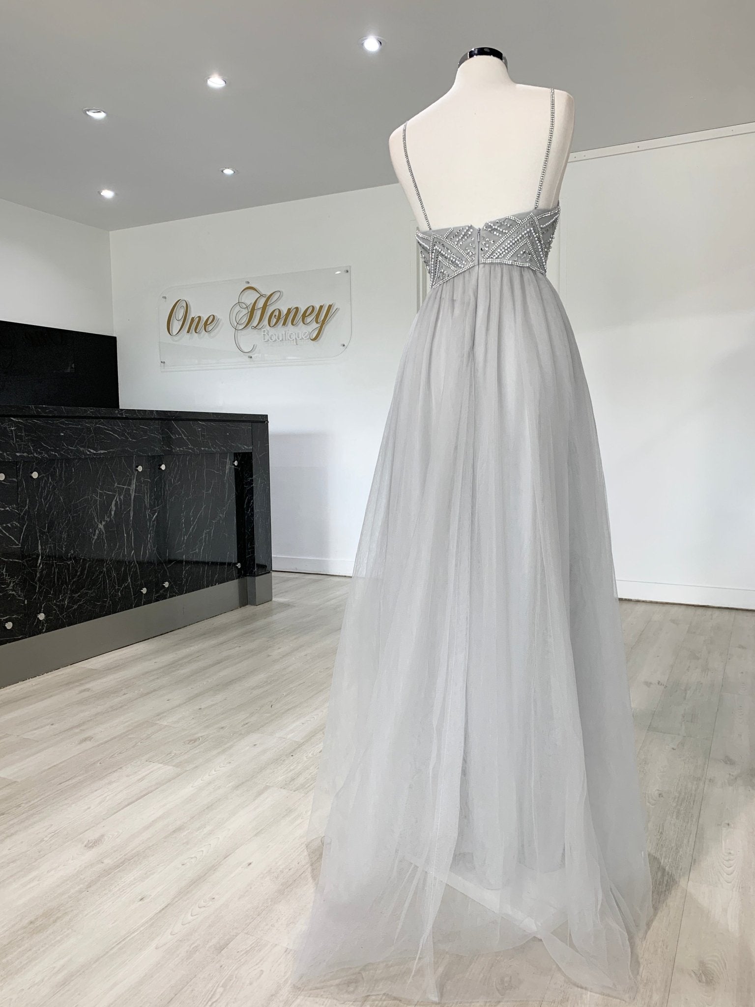Honey Couture AINSLEY Grey Silver Crystal Beaded Tulle Formal Gown in Australia | One Honey Boutique