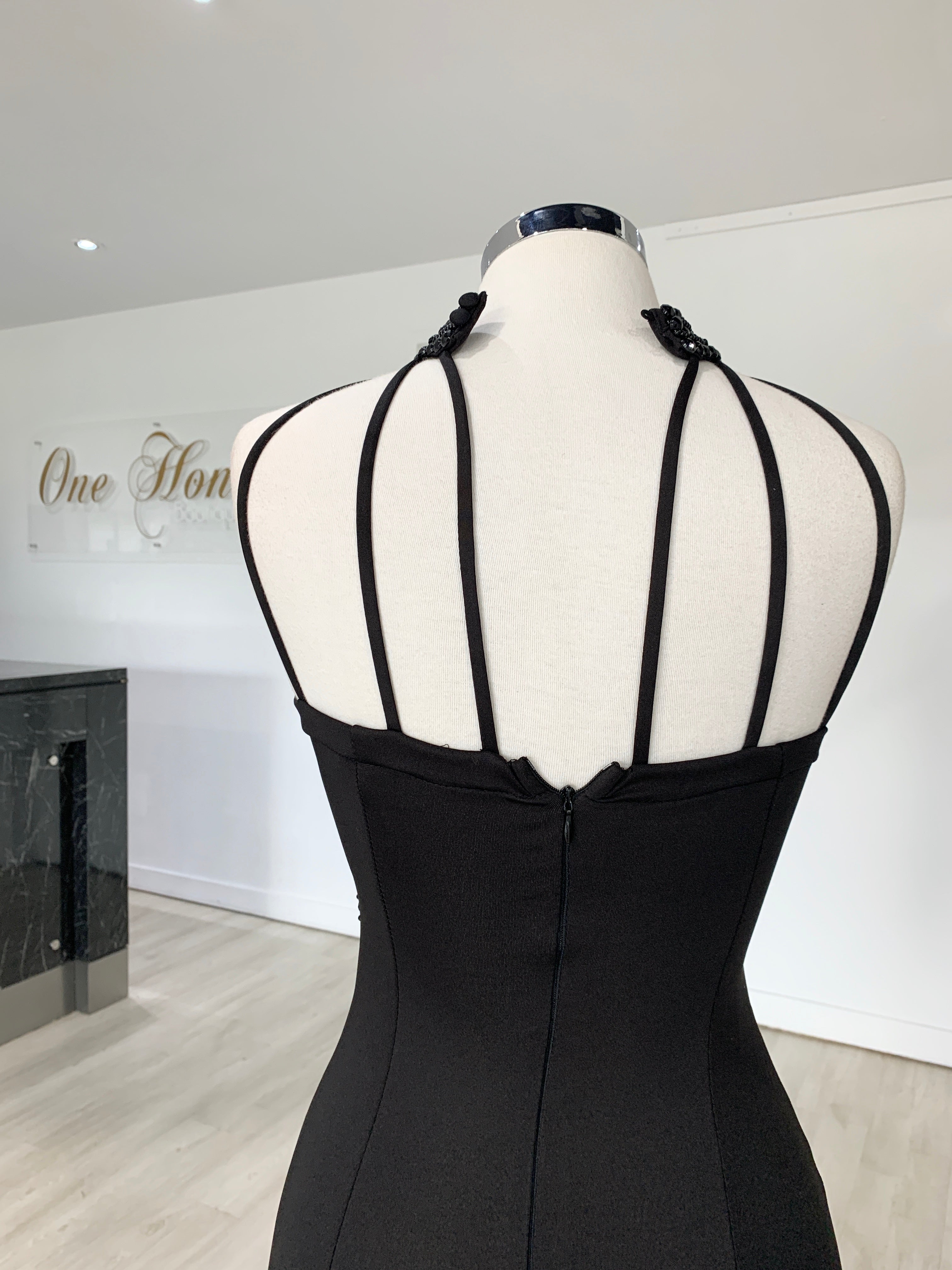 Back view of Honey Couture VALERIA Black Beaded Halter Formal Gown showing strap detail, by Australian Designer, perfect for prom or evening.
