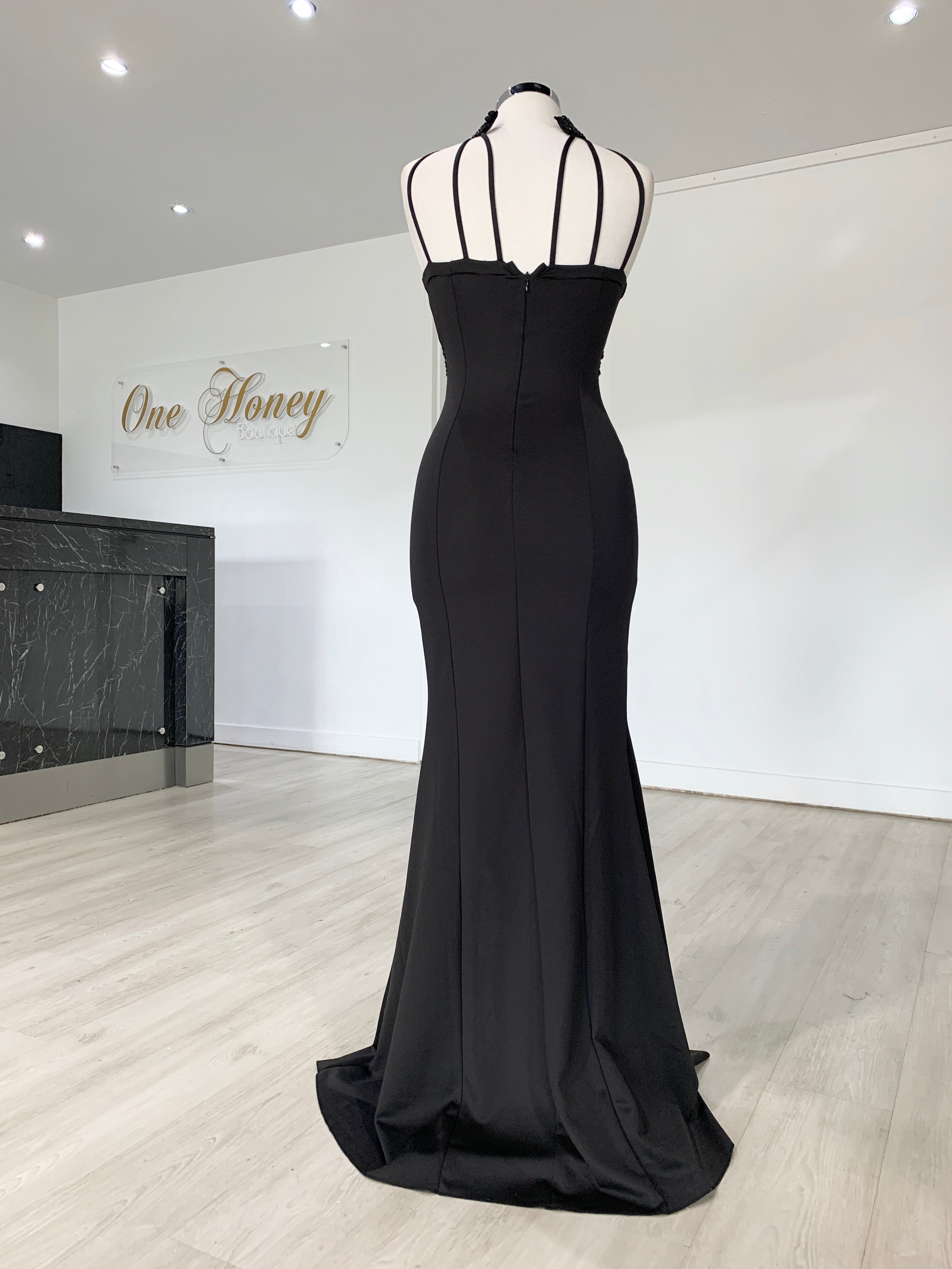 Honey Couture VALERIA Black Beaded Halter Formal Gown {vendor} AfterPay Humm ZipPay LayBuy Sezzle