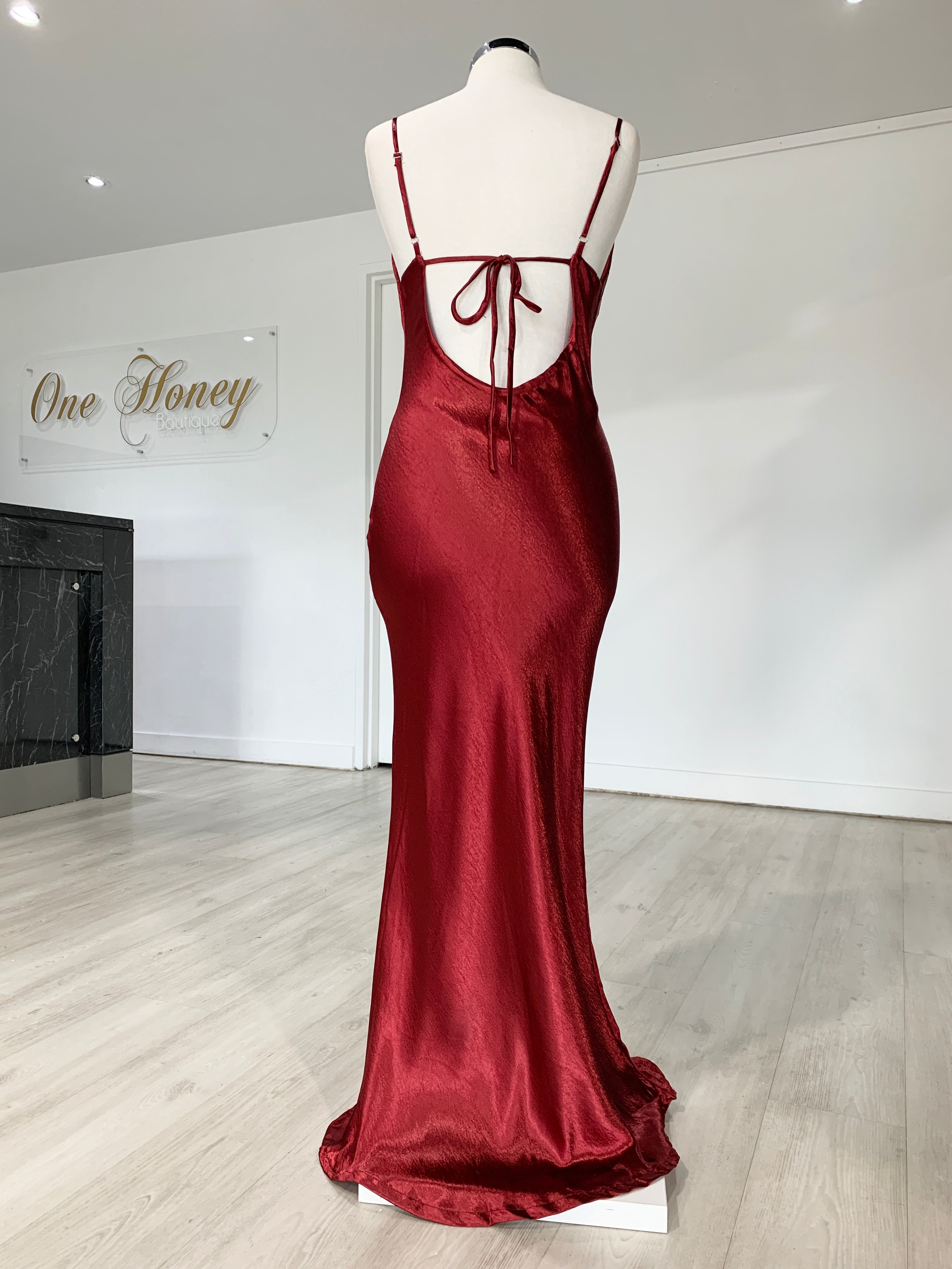 Honey Couture EVELYN Burgundy Silky Slip Formal Dress {vendor} AfterPay Humm ZipPay LayBuy Sezzle