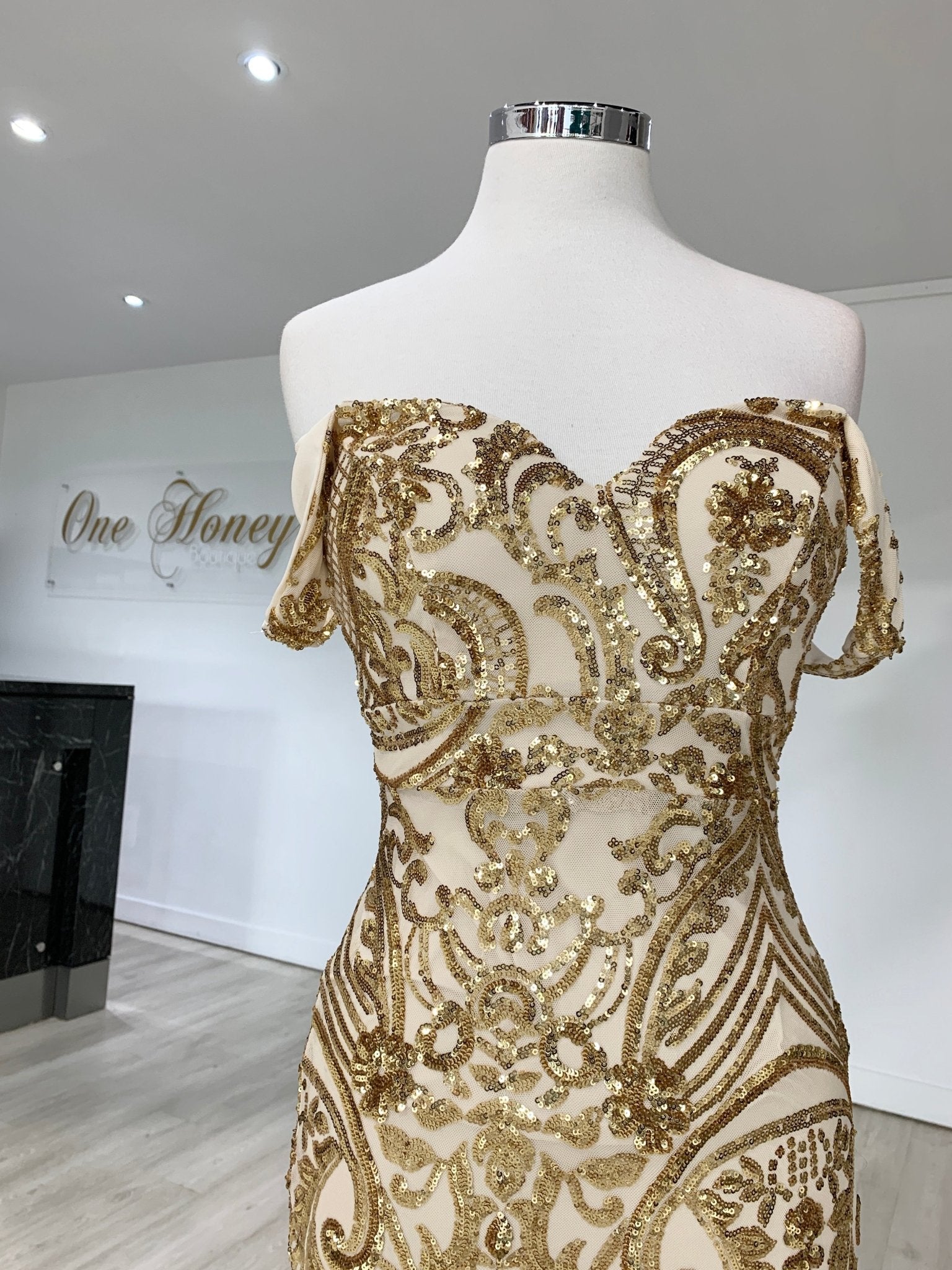 Honey Couture KIMBERLEY Gold Sequin Off Shoulder Formal Dress in Australia | One Honey Boutique