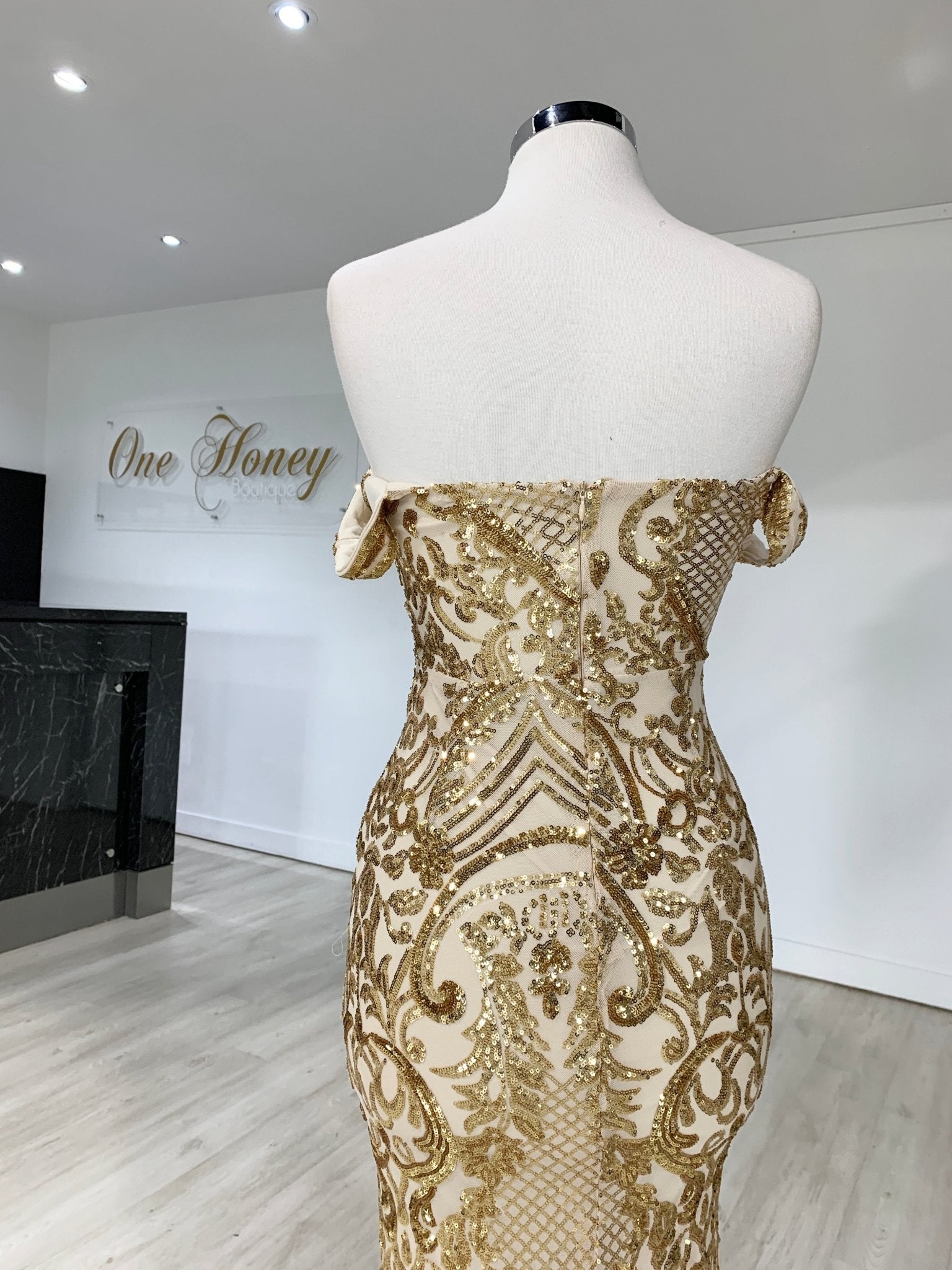 Honey Couture KIMBERLEY Gold Sequin Off Shoulder Formal Dress in Australia | One Honey Boutique