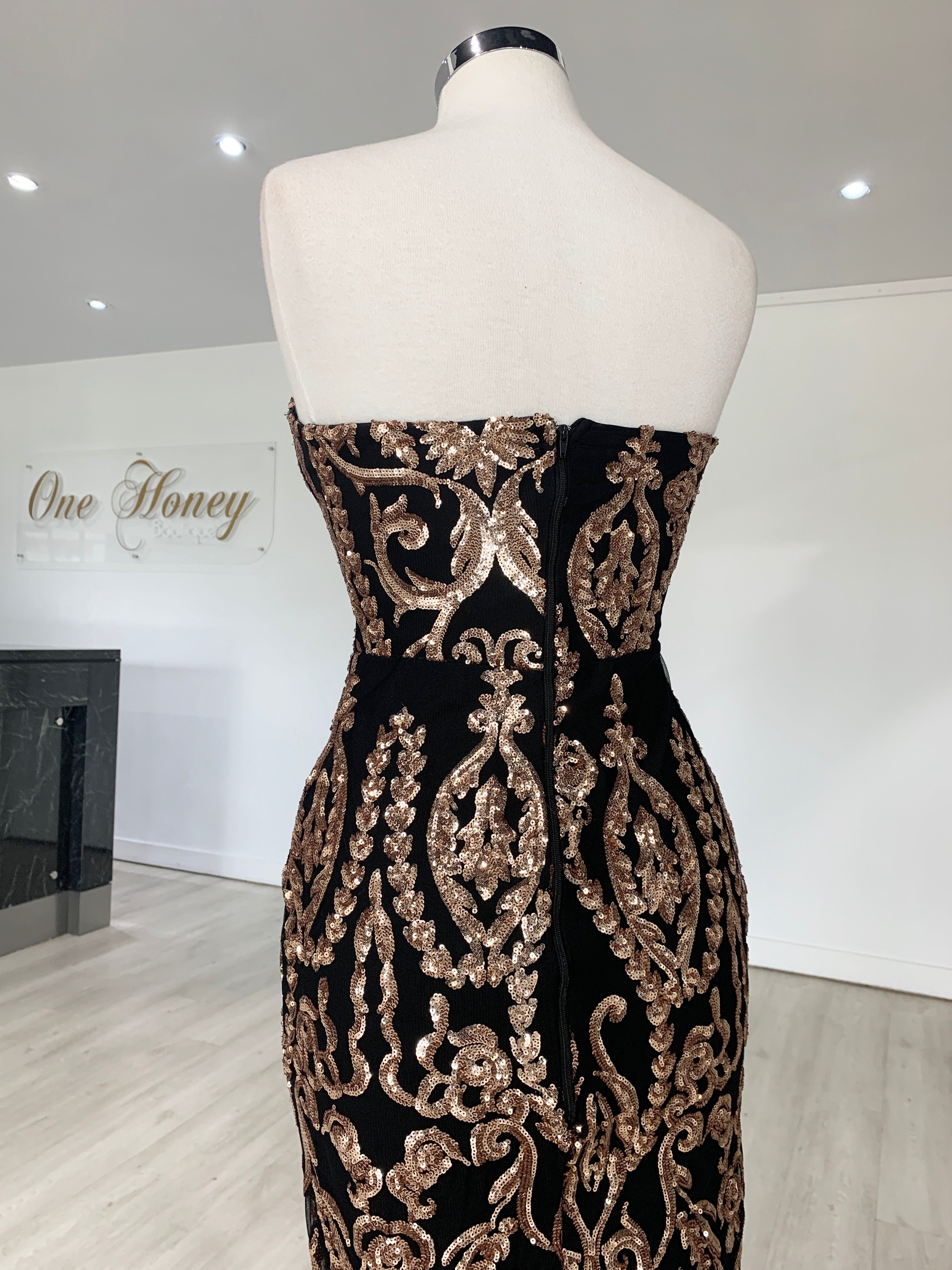 Honey Couture LA ROSA Rose Gold Strapless Sequin Evening Gown Dress {vendor} AfterPay Humm ZipPay LayBuy Sezzle
