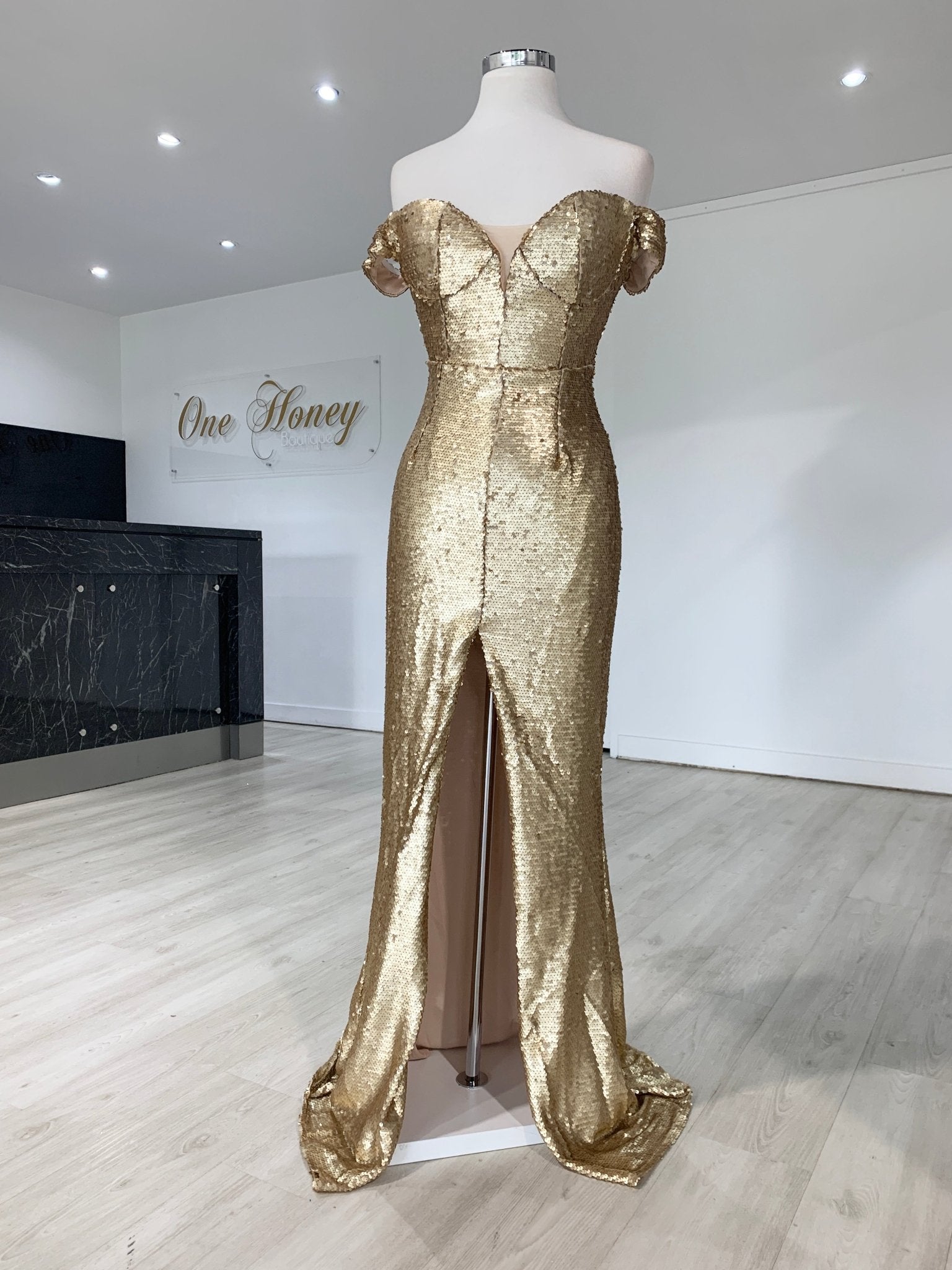 Honey Couture CONTESSA Gold Sequin Off Shoulder Mermaid Formal Dress in Australia | One Honey Boutique