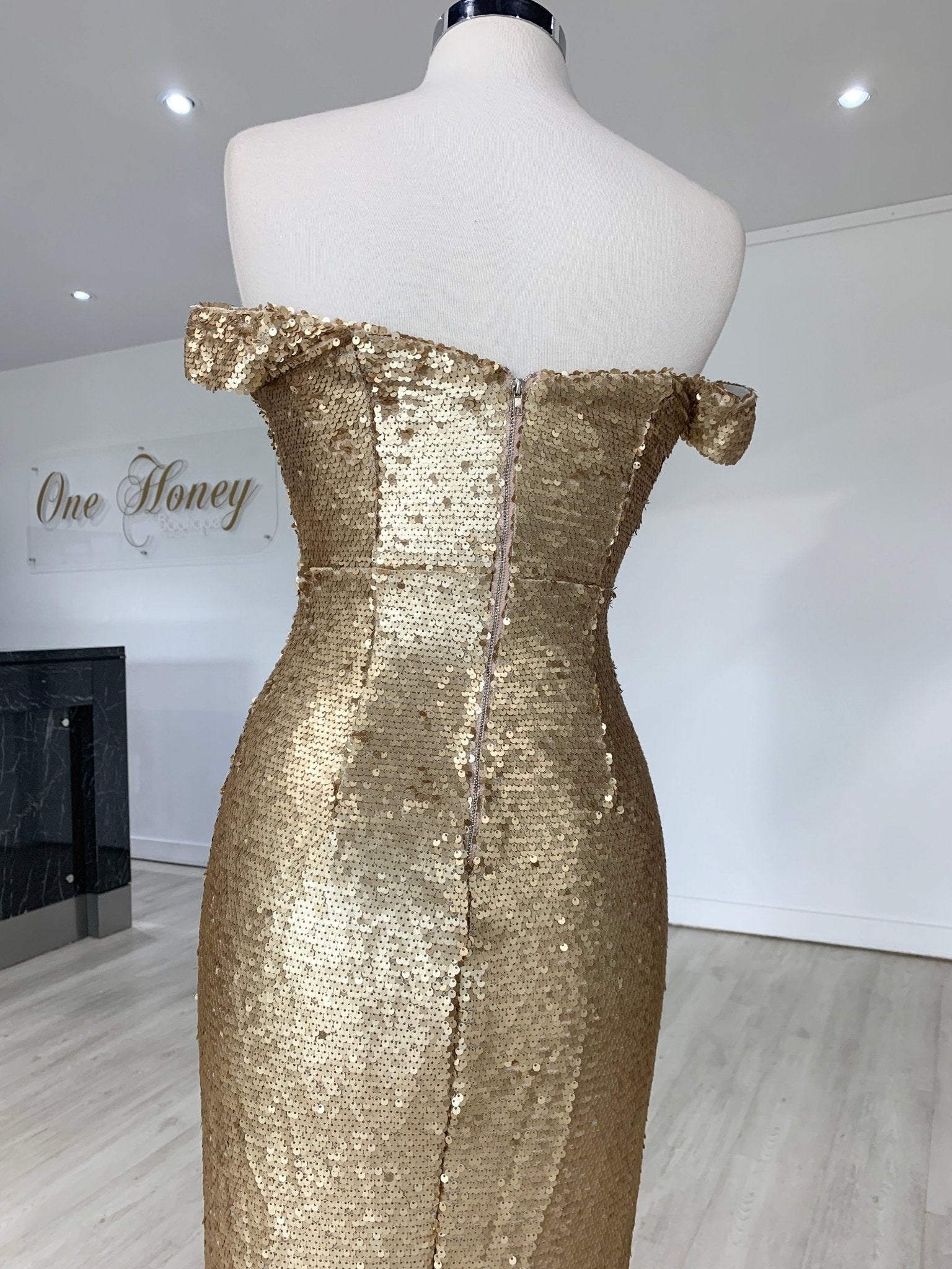 Honey Couture CONTESSA Gold Sequin Off Shoulder Mermaid Formal Dress in Australia | One Honey Boutique