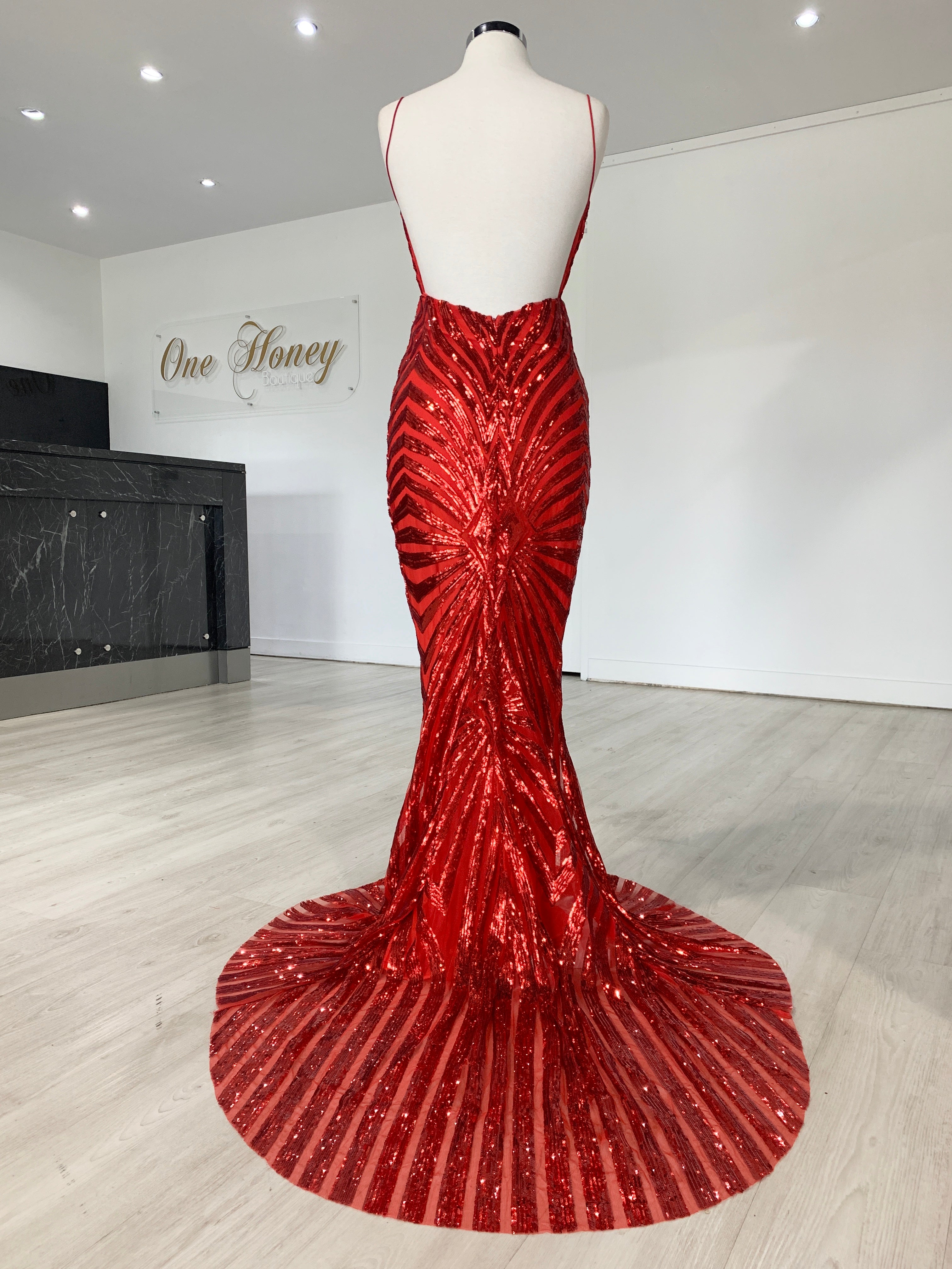 Honey Couture TILDA Red Low Back Sequin Formal Gown Dress {vendor} AfterPay Humm ZipPay LayBuy Sezzle