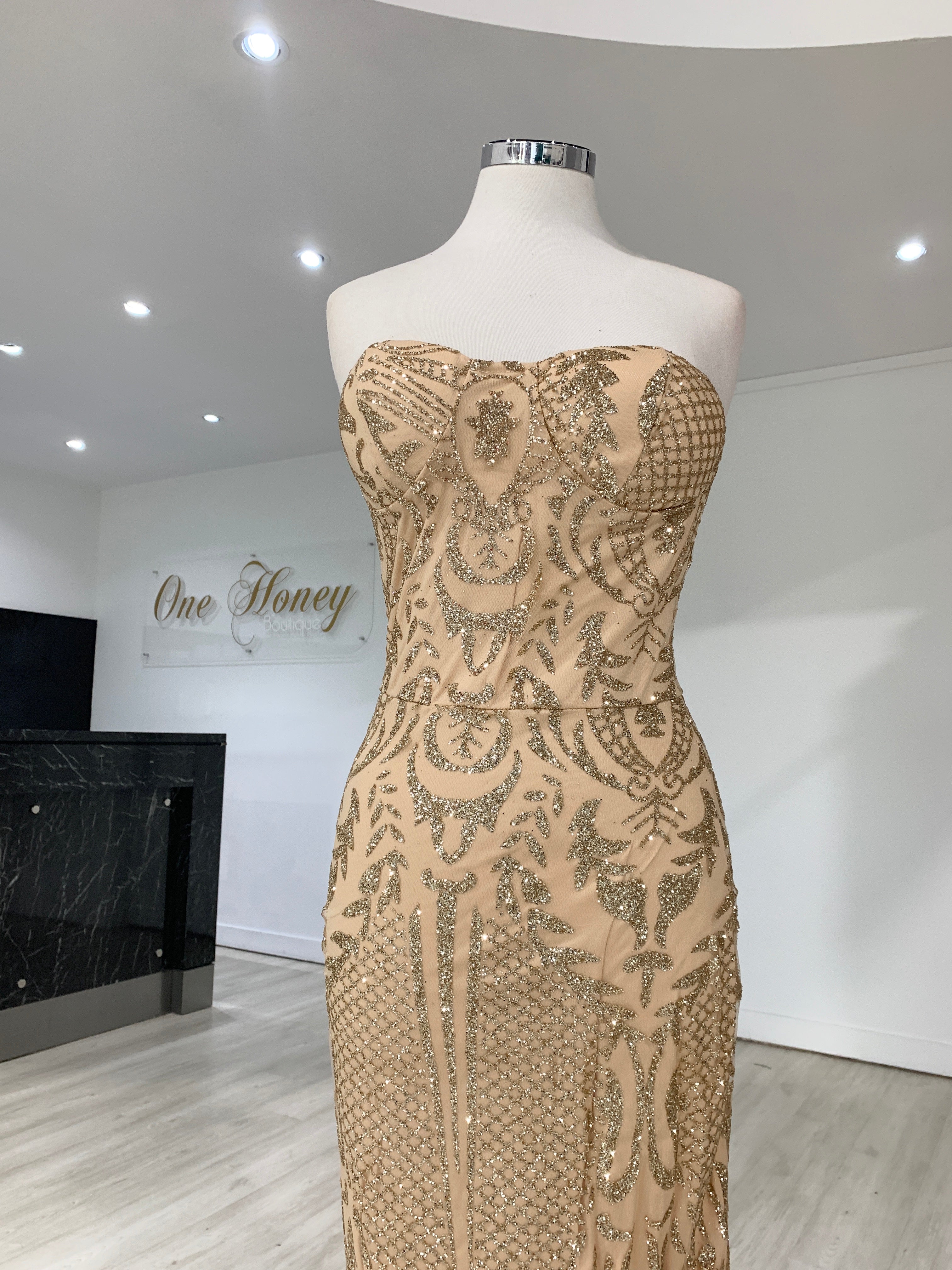Honey Couture ALIZEY Gold Glitter Snakeskin Strapless Formal Gown Dress {vendor} AfterPay Humm ZipPay LayBuy Sezzle