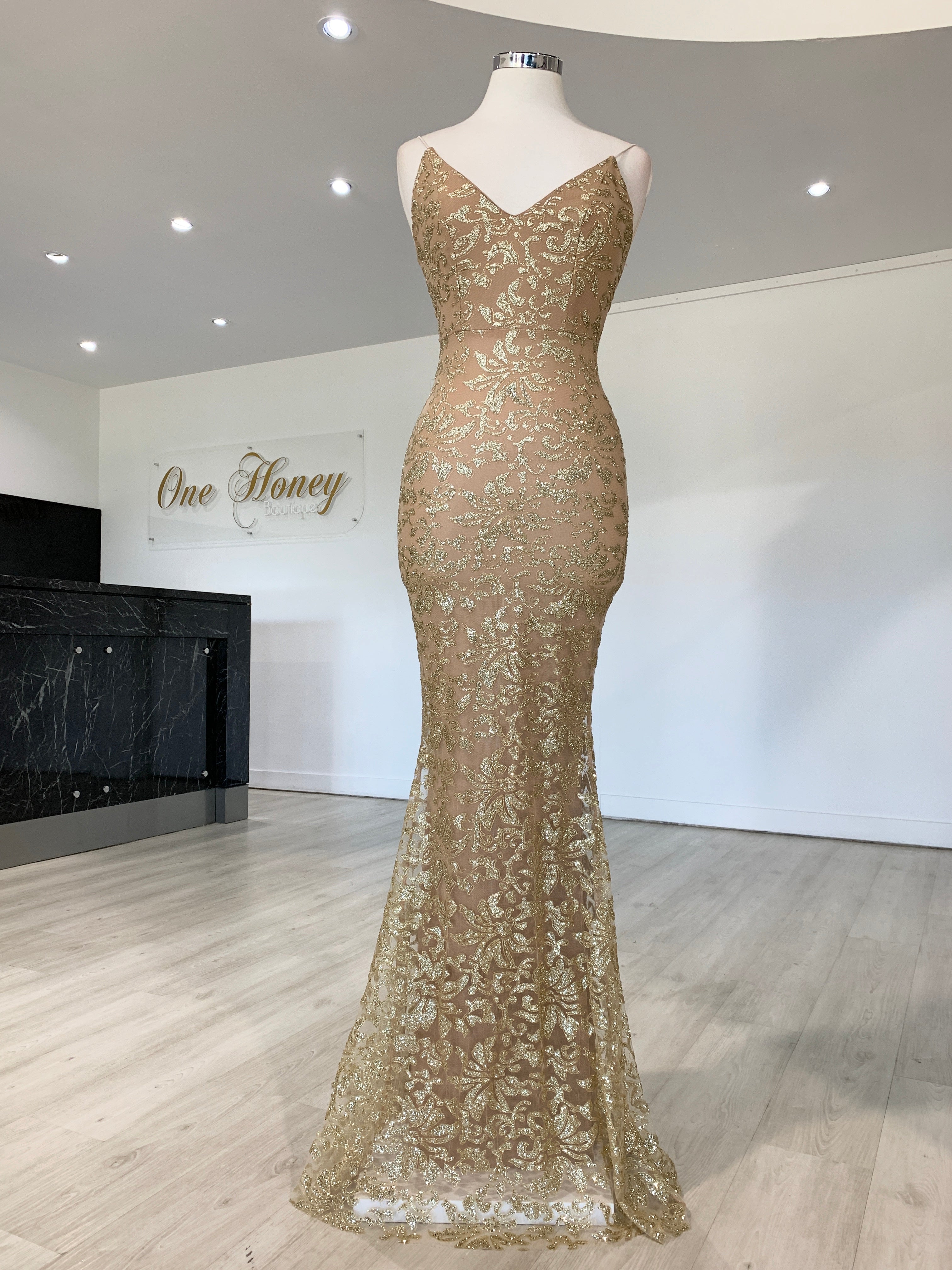 Honey Couture GRETA Gold Lace &amp; Glitter Overlay Mermaid Formal Gown Dress {vendor} AfterPay Humm ZipPay LayBuy Sezzle