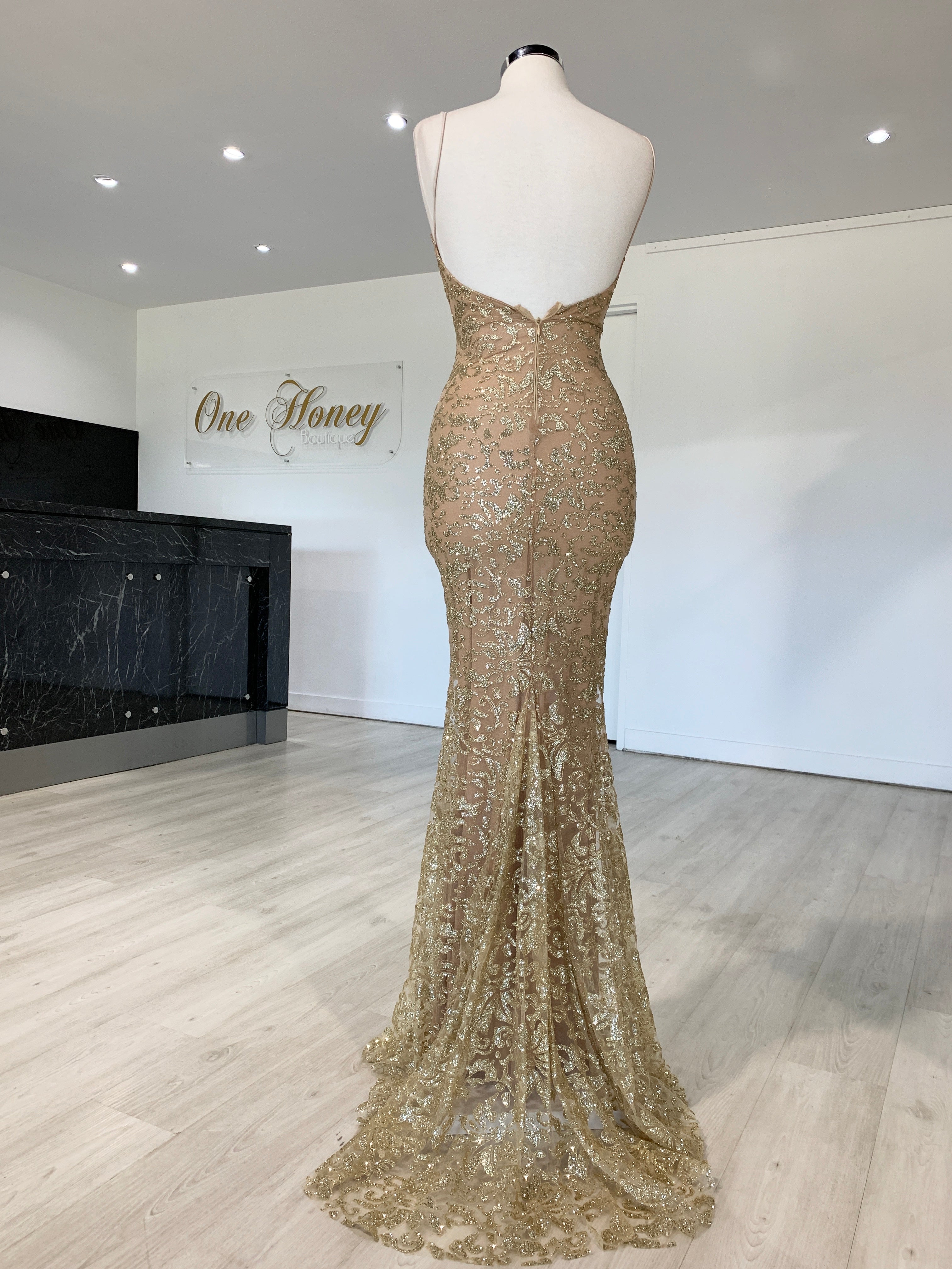 Honey Couture GRETA Gold Lace & Glitter Overlay Mermaid Formal Gown Dress {vendor} AfterPay Humm ZipPay LayBuy Sezzle