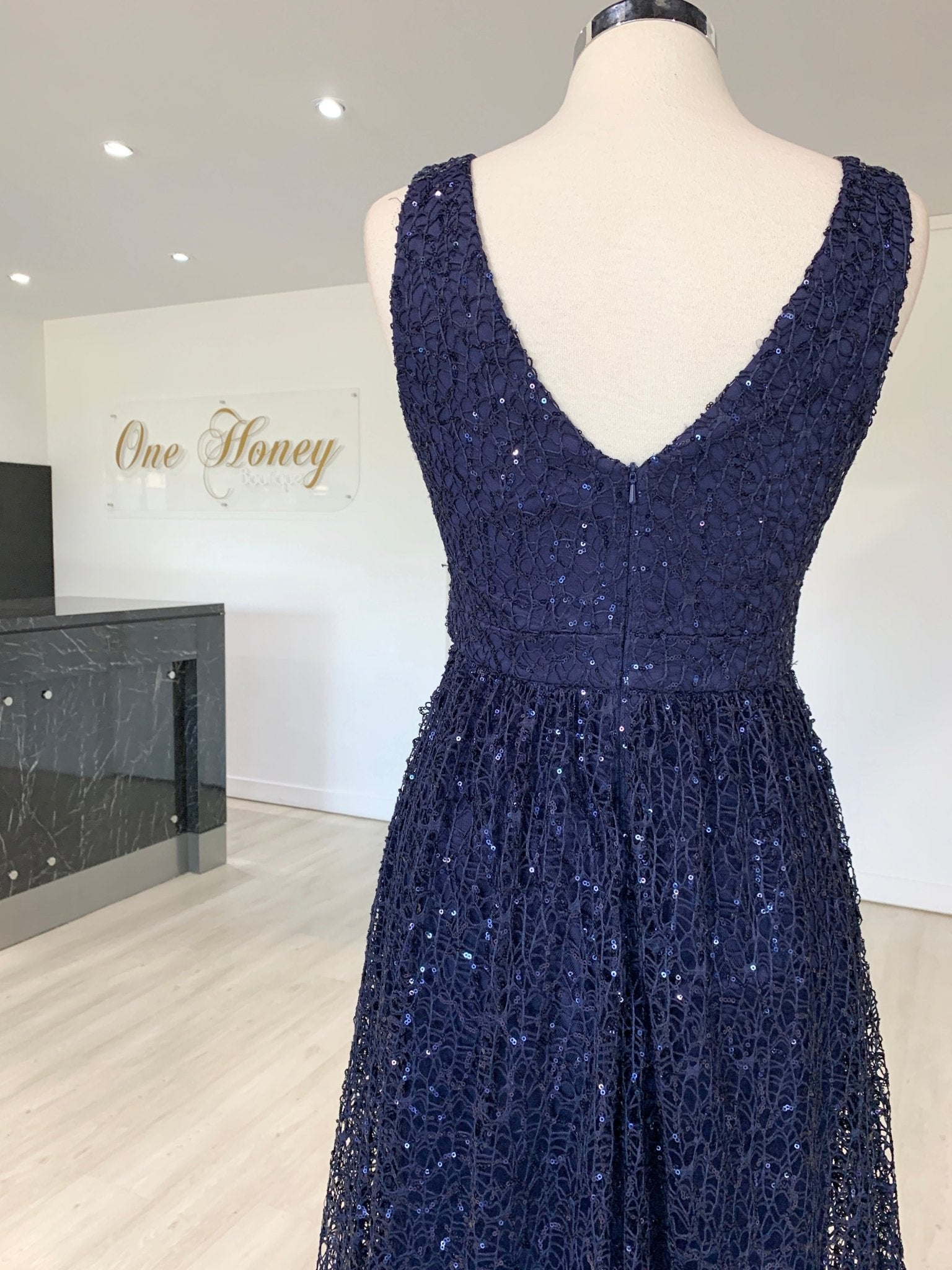 MELINA Navy Blue Sequin Glitter Knit Formal Dress in Australia | One Honey Boutique
