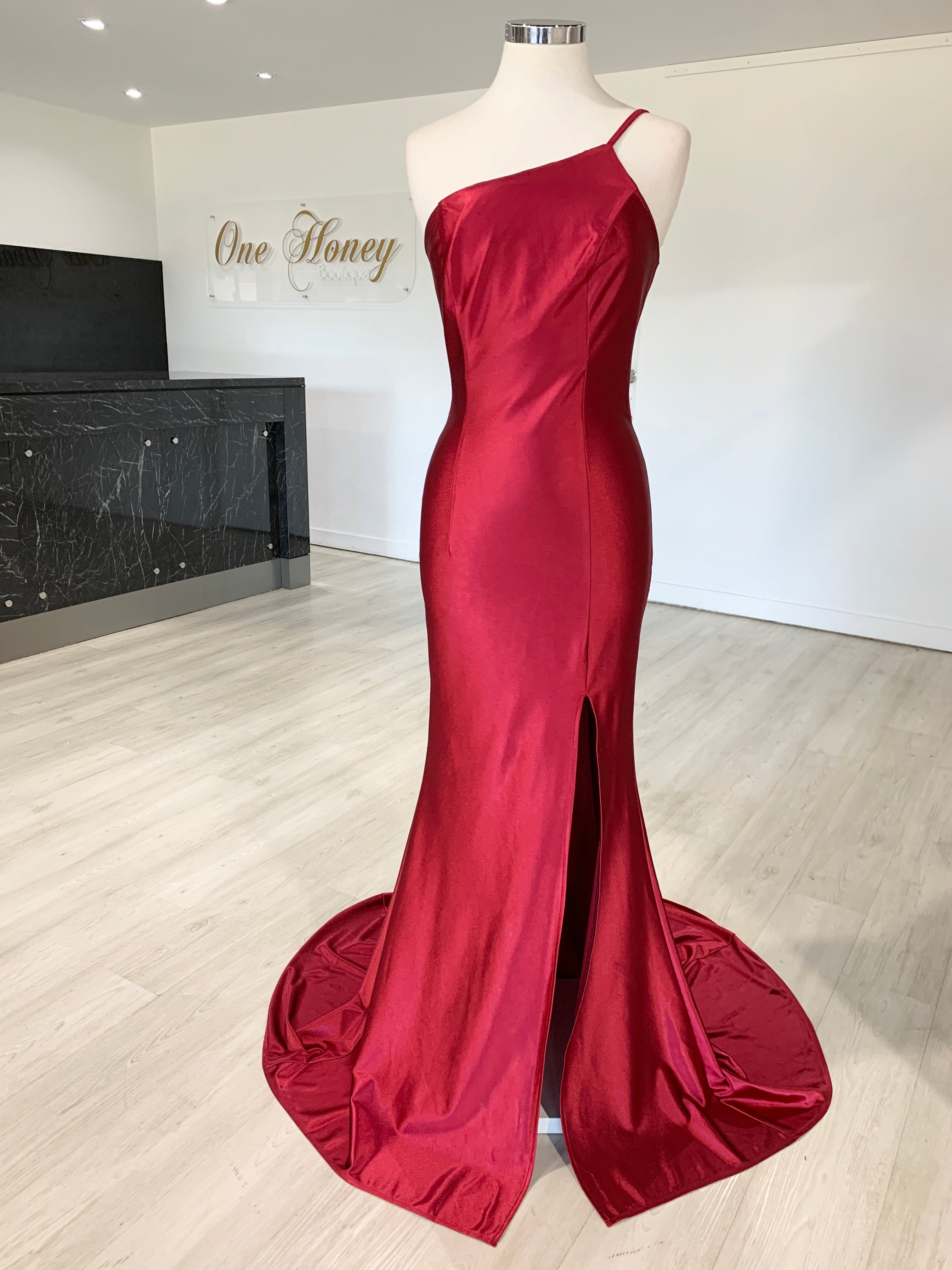 Honey Couture ANNABELL Burgundy One Shoulder Mermaid Evening Gown Dress {vendor} AfterPay Humm ZipPay LayBuy Sezzle