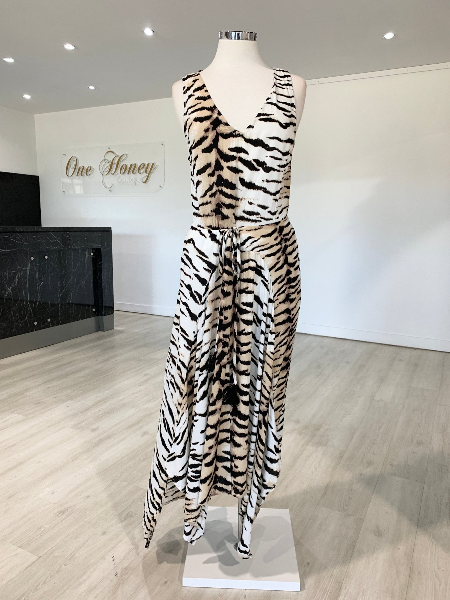 Label of Love White Tiger Animal Print Drawstring Maxi Dress in Australia | One Honey Boutique