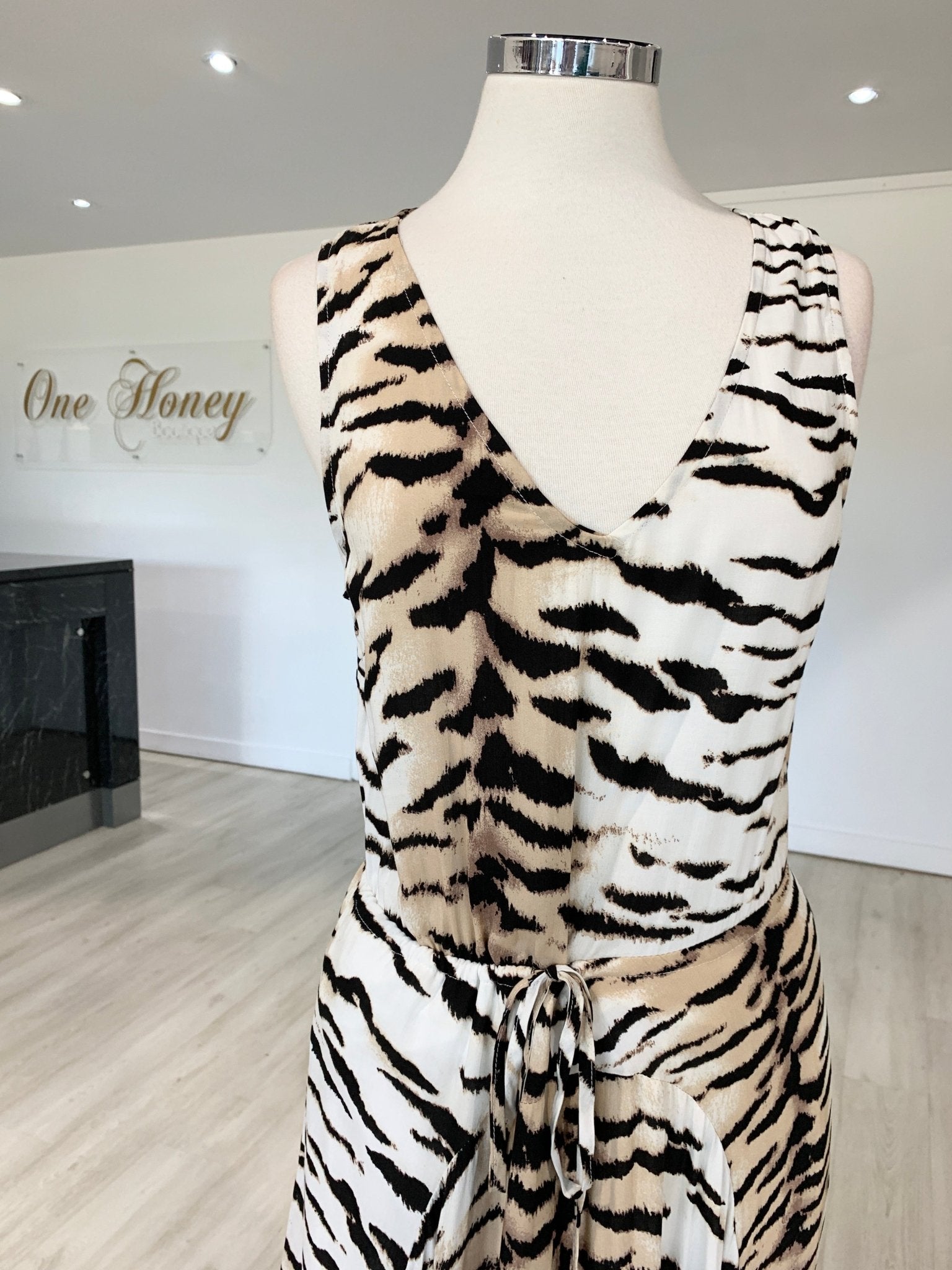 Label of Love White Tiger Animal Print Drawstring Maxi Dress in Australia | One Honey Boutique