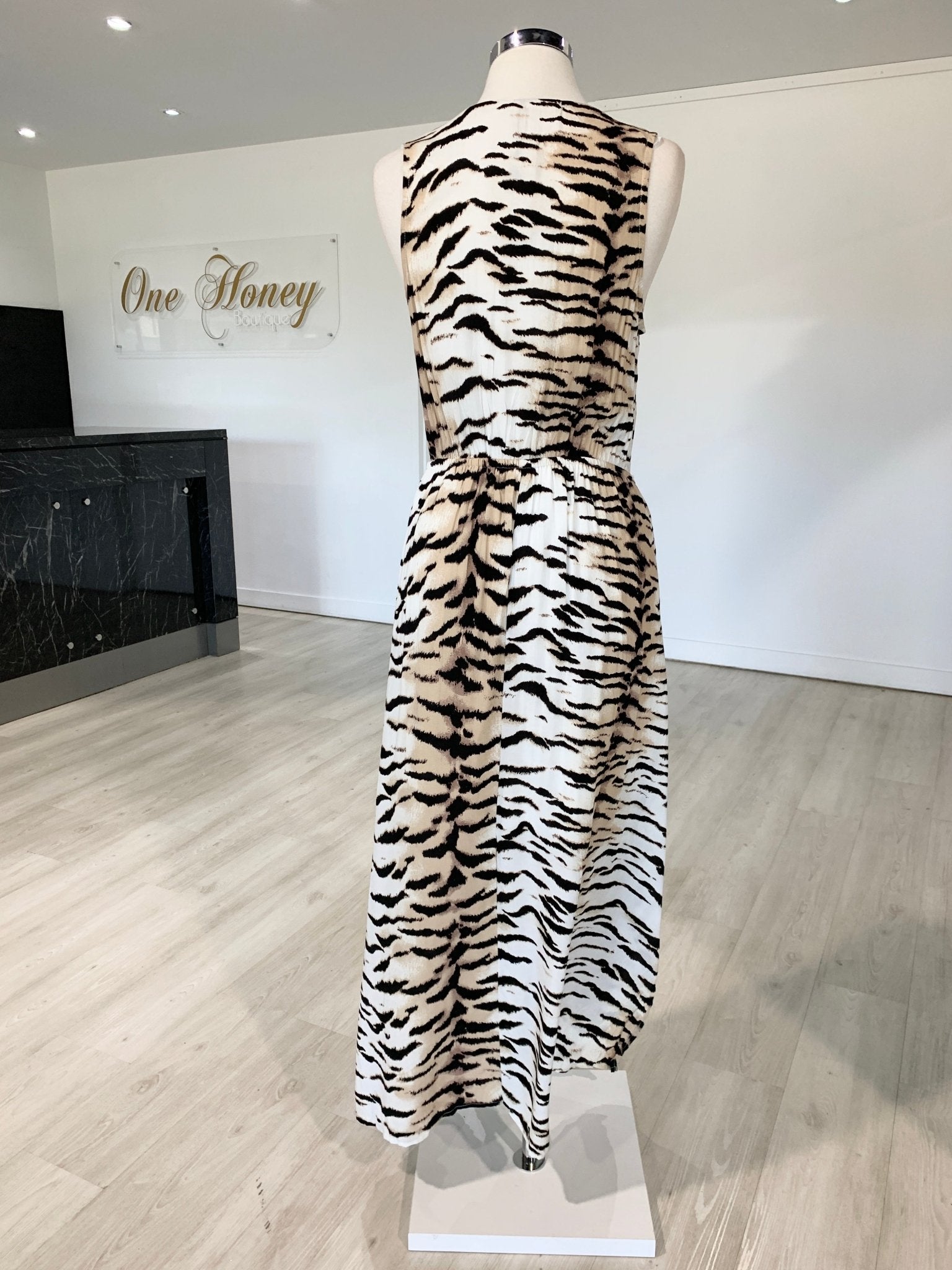 Label of Love White Tiger Animal Print Drawstring Maxi Dress in Australia | One Honey Boutique