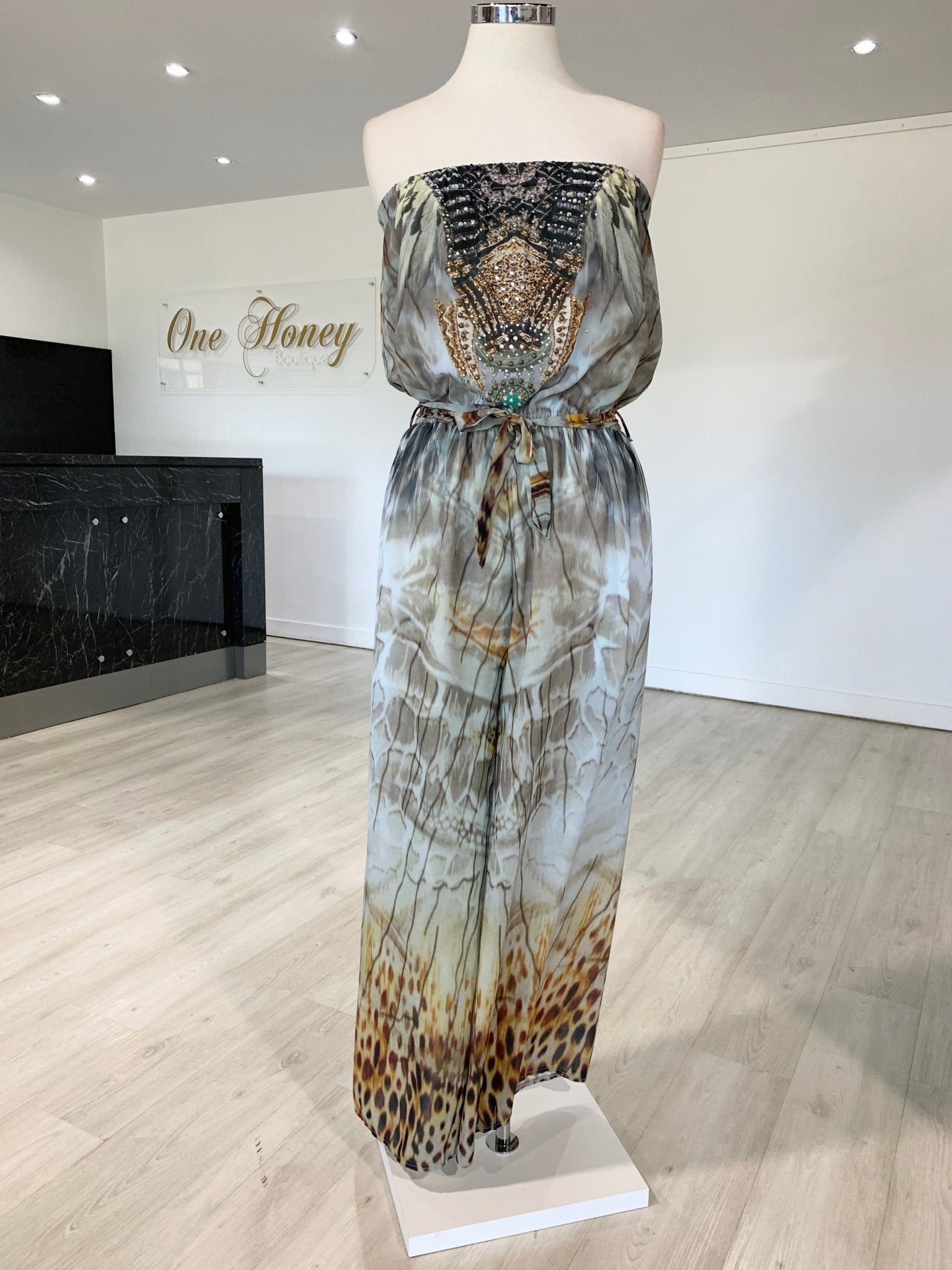 Gigi & Ella Brown Print Strapless Resort Jumpsuit Romper in Australia | One Honey Boutique