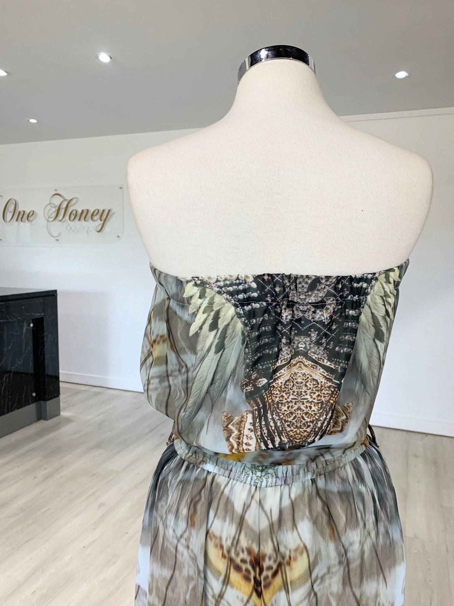 Gigi & Ella Brown Print Strapless Resort Jumpsuit Romper in Australia | One Honey Boutique