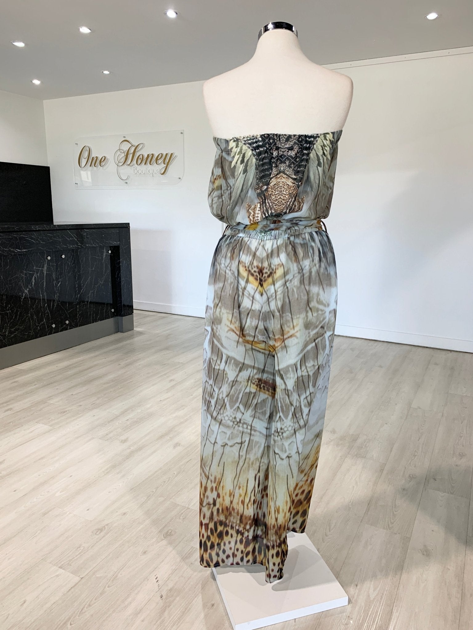 Gigi & Ella Brown Print Strapless Resort Jumpsuit Romper in Australia | One Honey Boutique