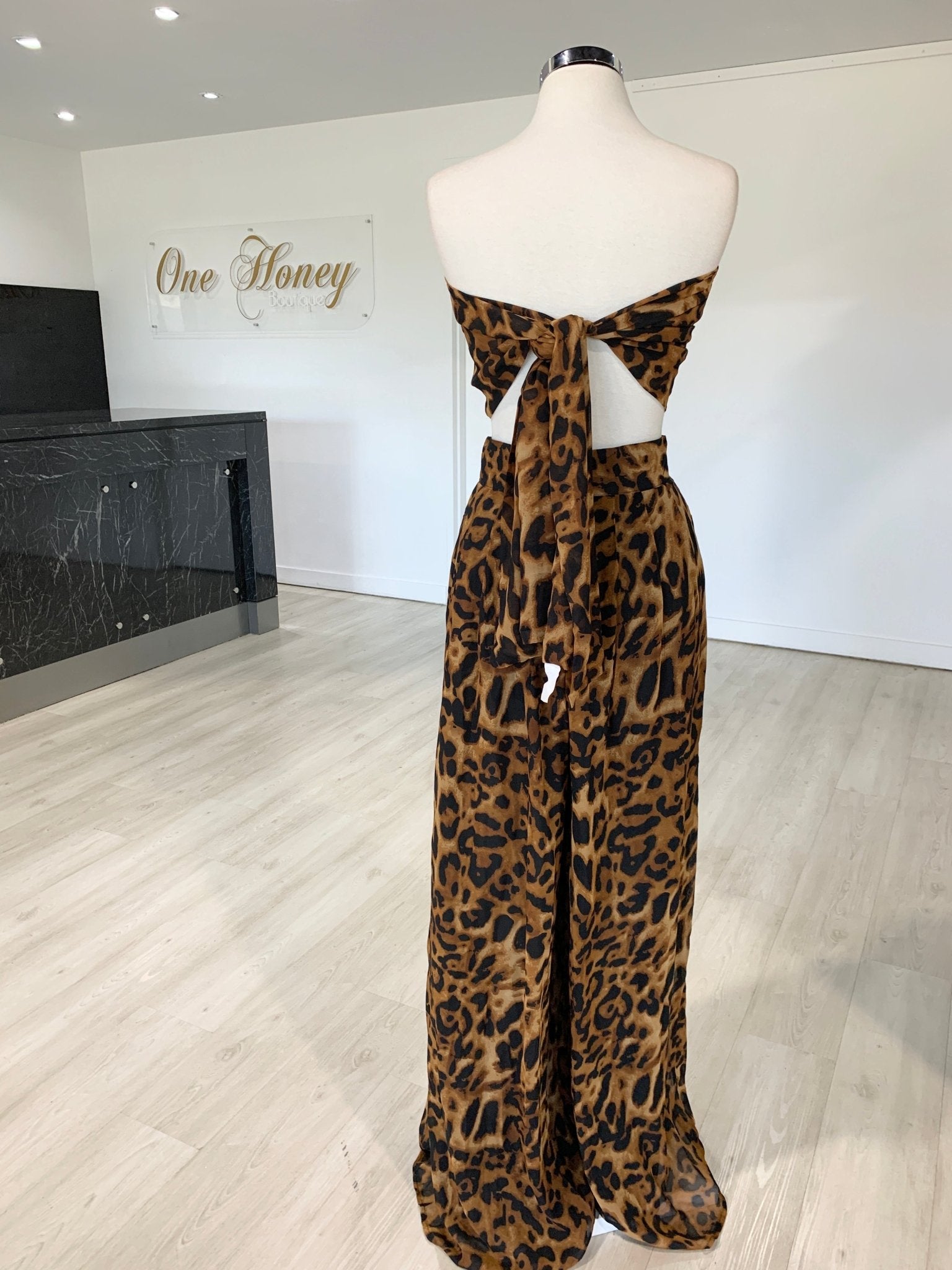 Honey Couture Brown Leopard Tie Bandeau w High Waisted Pants in Australia | One Honey Boutique