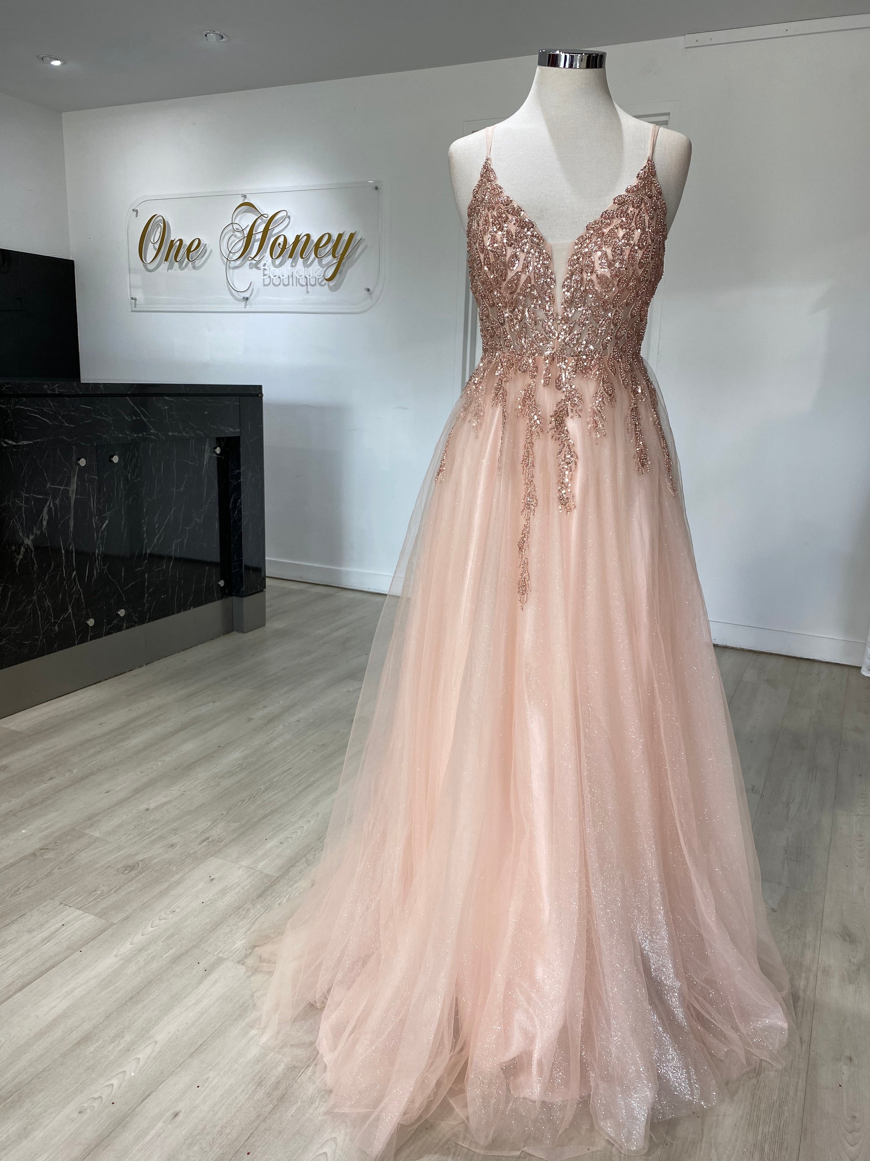 Honey Couture EDEN Blush Crystal Beaded Tulle Formal Gown, elegant Australian designer evening gown, perfect for prom and formal occasions.