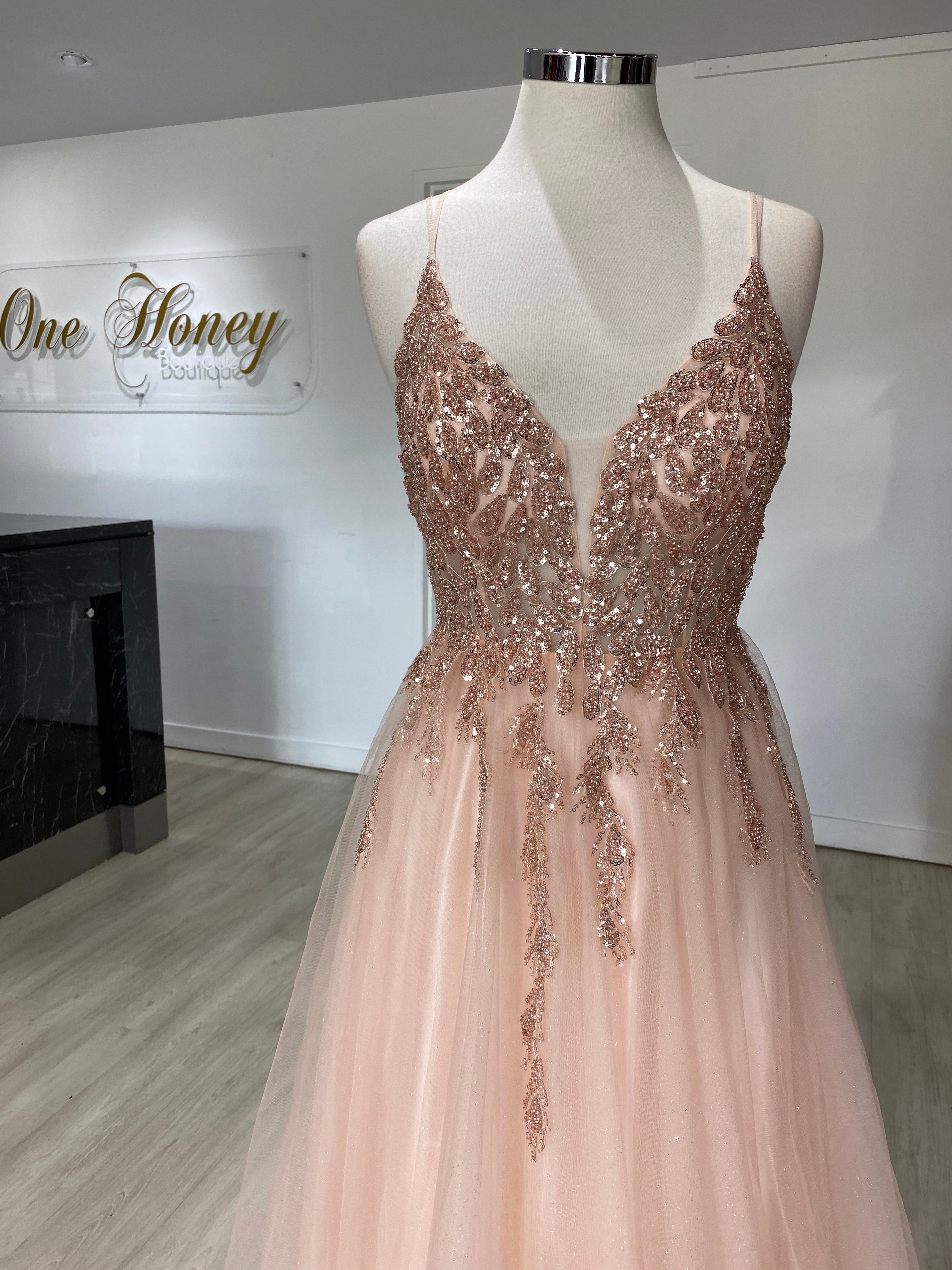 Honey Couture EDEN Blush Crystal Beaded Tulle Formal Gown on mannequin, showcasing intricate crystal bodice and thin straps. Australian Designer.