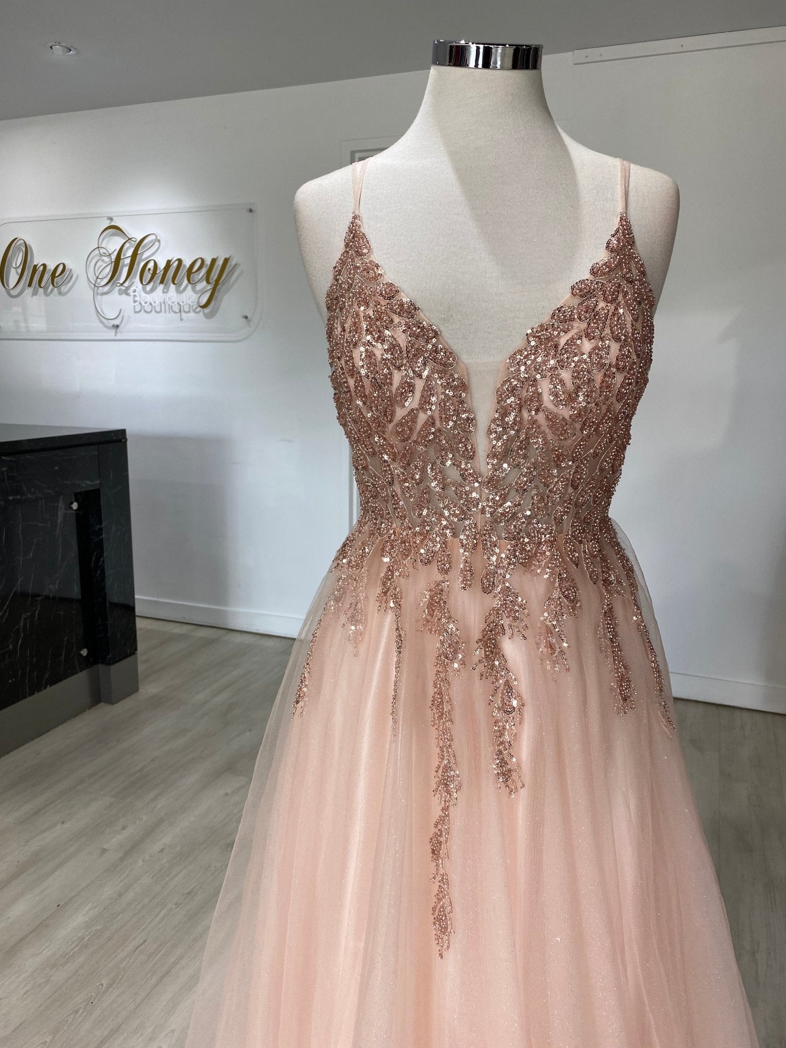 Honey Couture EDEN Blush Crystal Beaded Tulle Formal Gown in Australia | One Honey Boutique