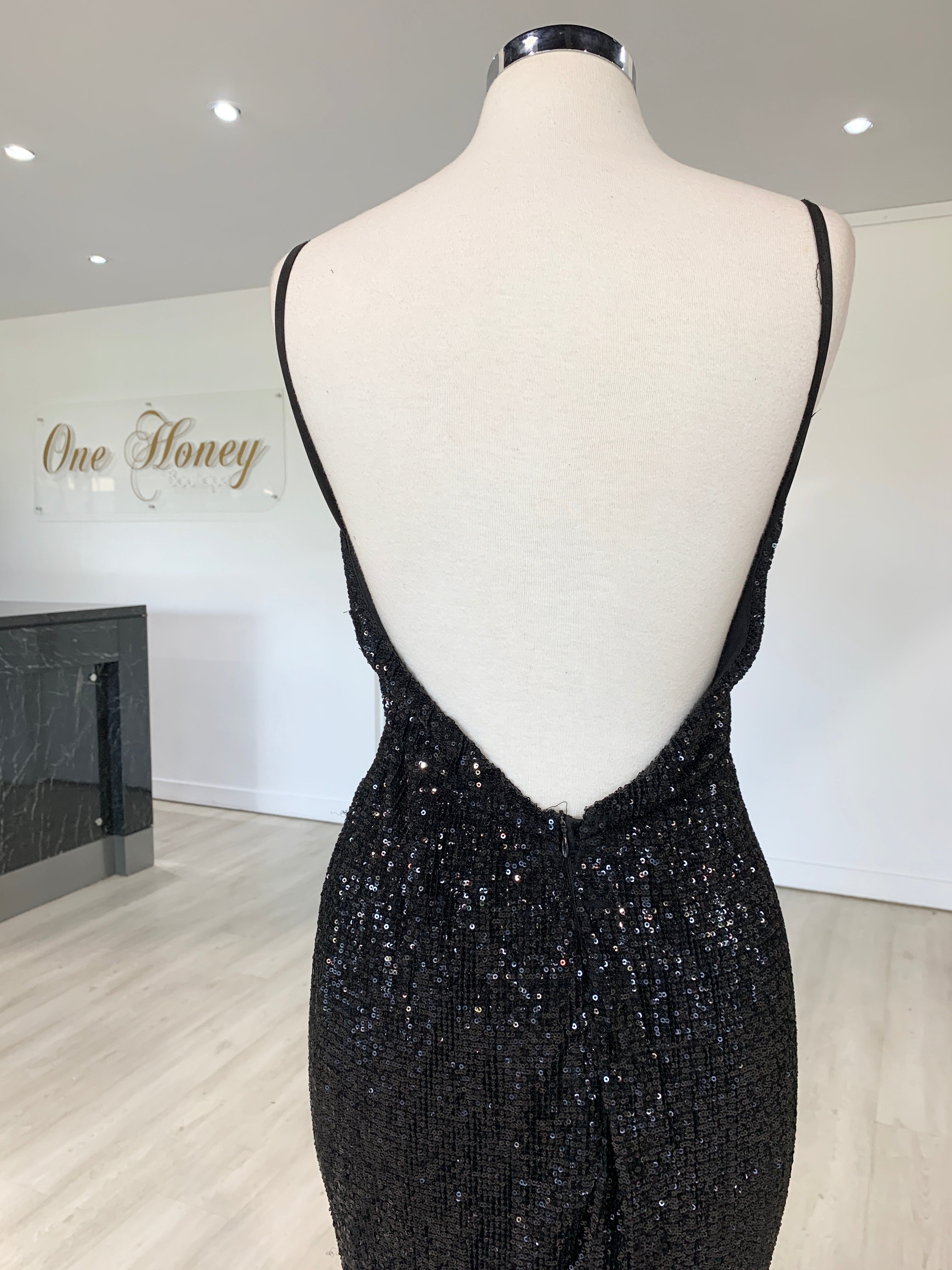 Honey Couture ROSALIE Black Low Back Sequin Formal Gown Dress {vendor} AfterPay Humm ZipPay LayBuy Sezzle
