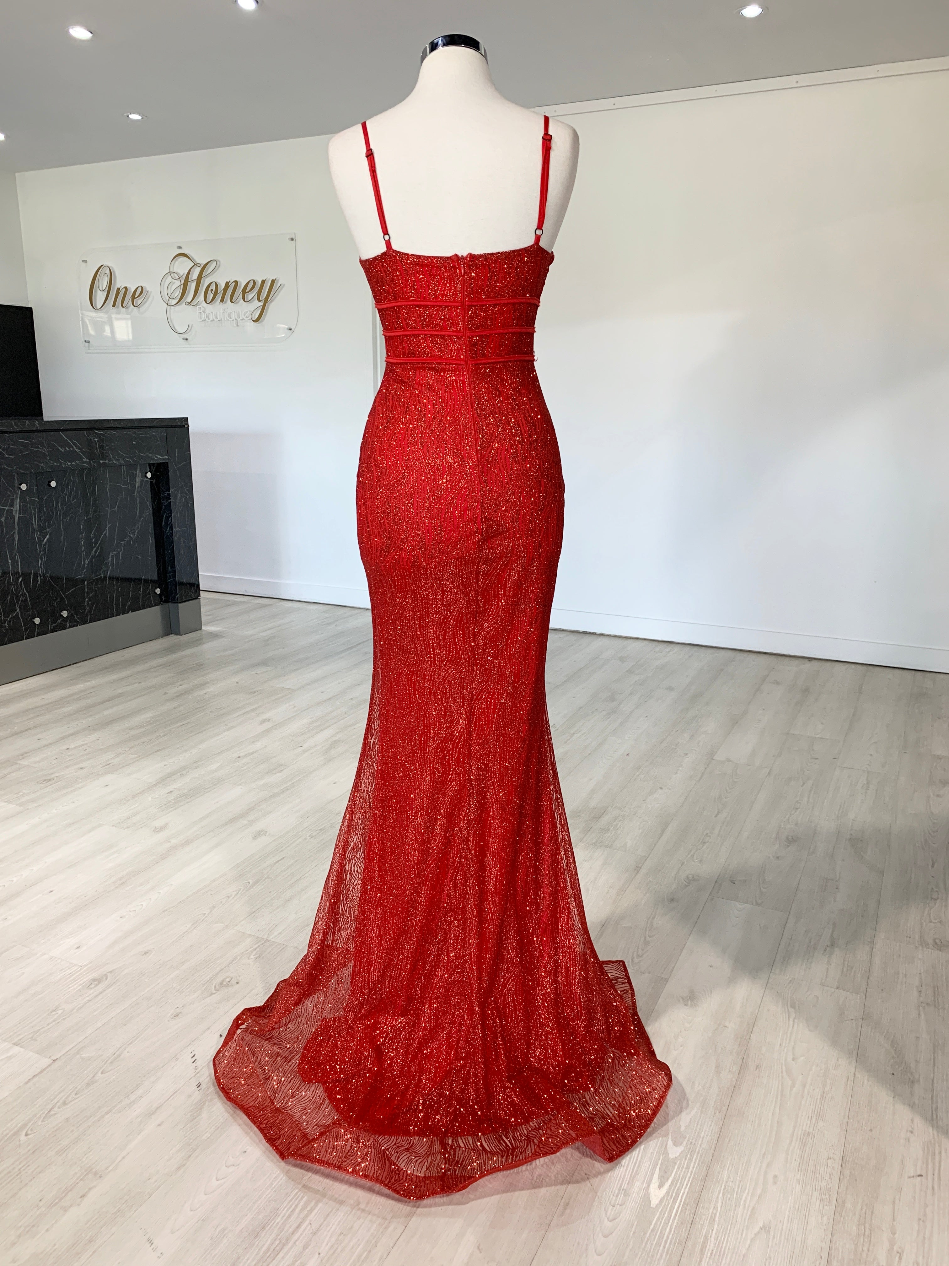 Honey Couture SARAI Red Glitter Mermaid Evening Gown Dress {vendor} AfterPay Humm ZipPay LayBuy Sezzle