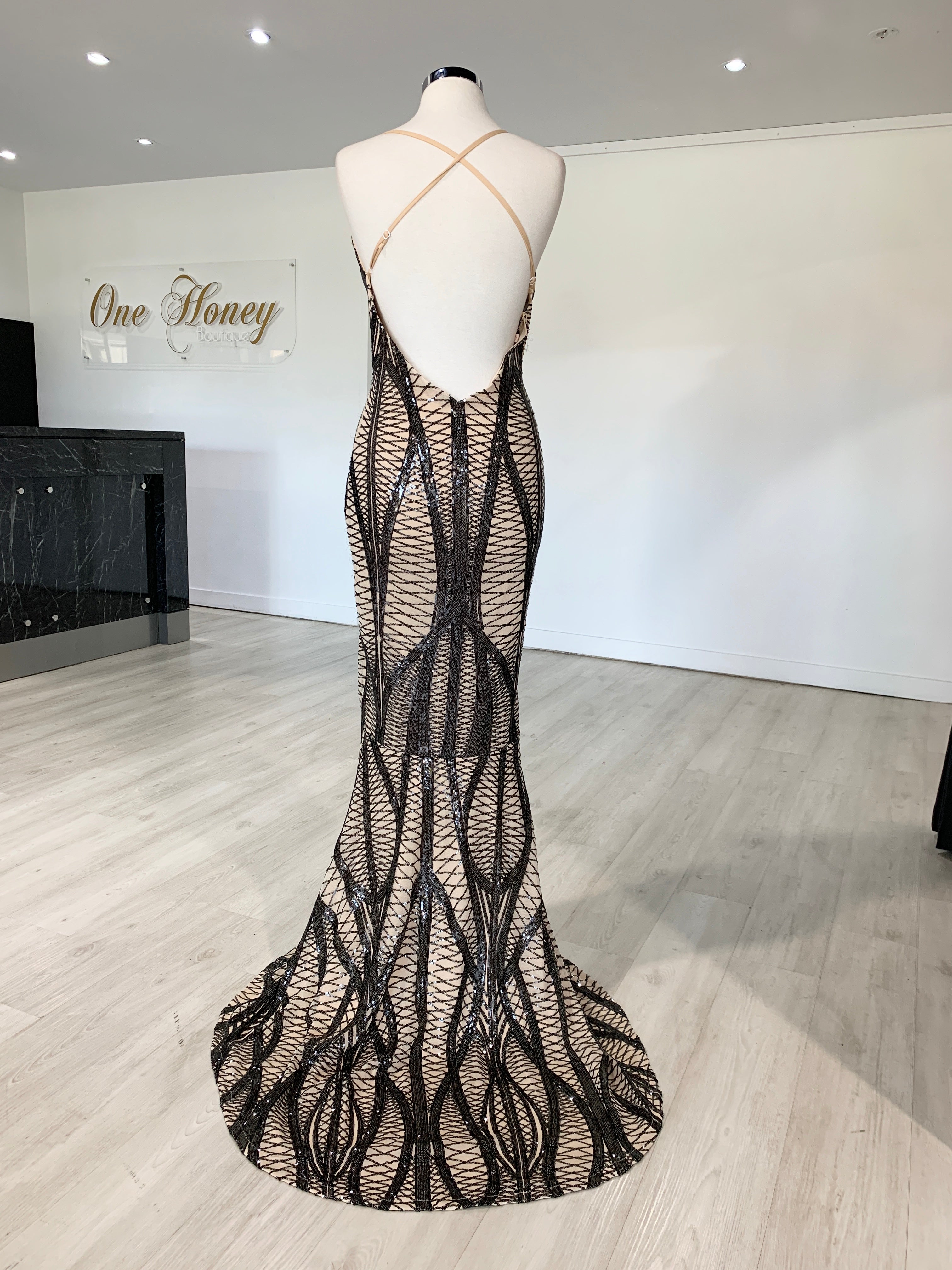 Honey Couture ALIZA Black Nude Sequin Mermaid Formal Dress {vendor} AfterPay Humm ZipPay LayBuy Sezzle