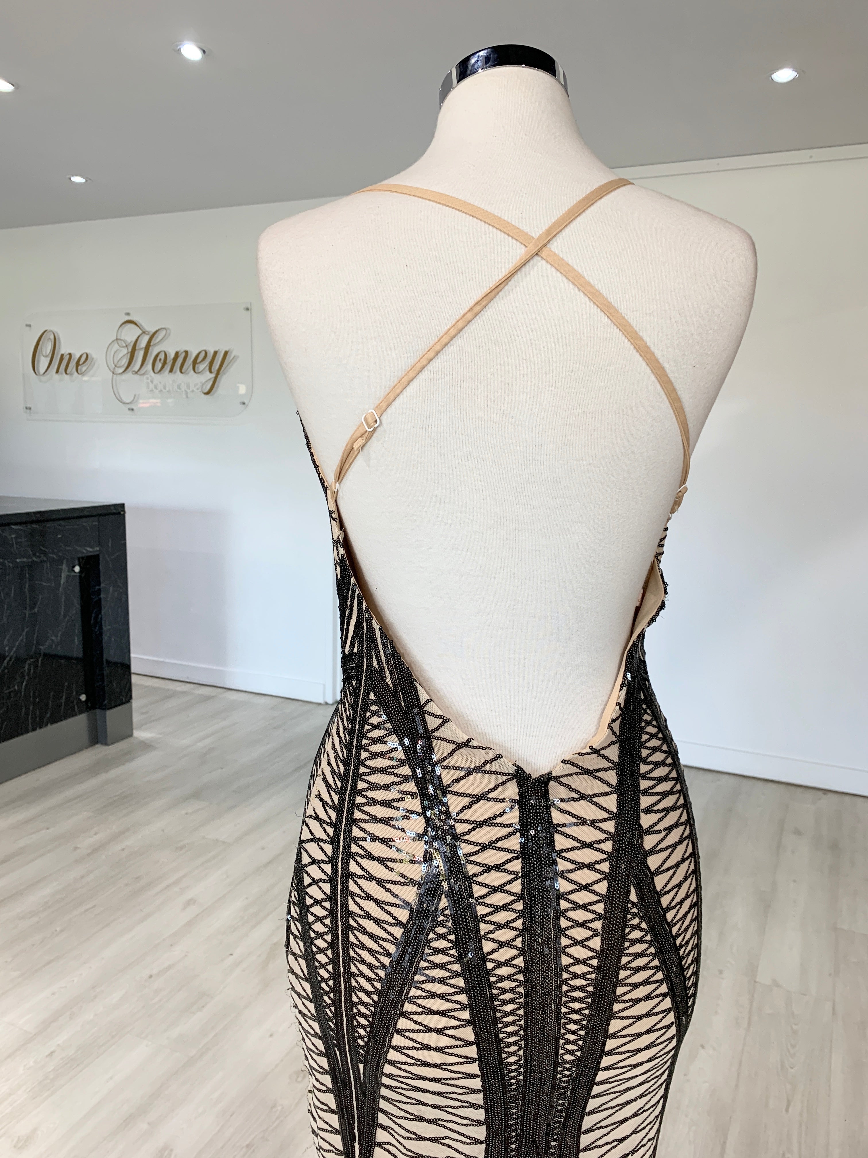 Honey Couture ALIZA Black Nude Sequin Mermaid Formal Dress {vendor} AfterPay Humm ZipPay LayBuy Sezzle