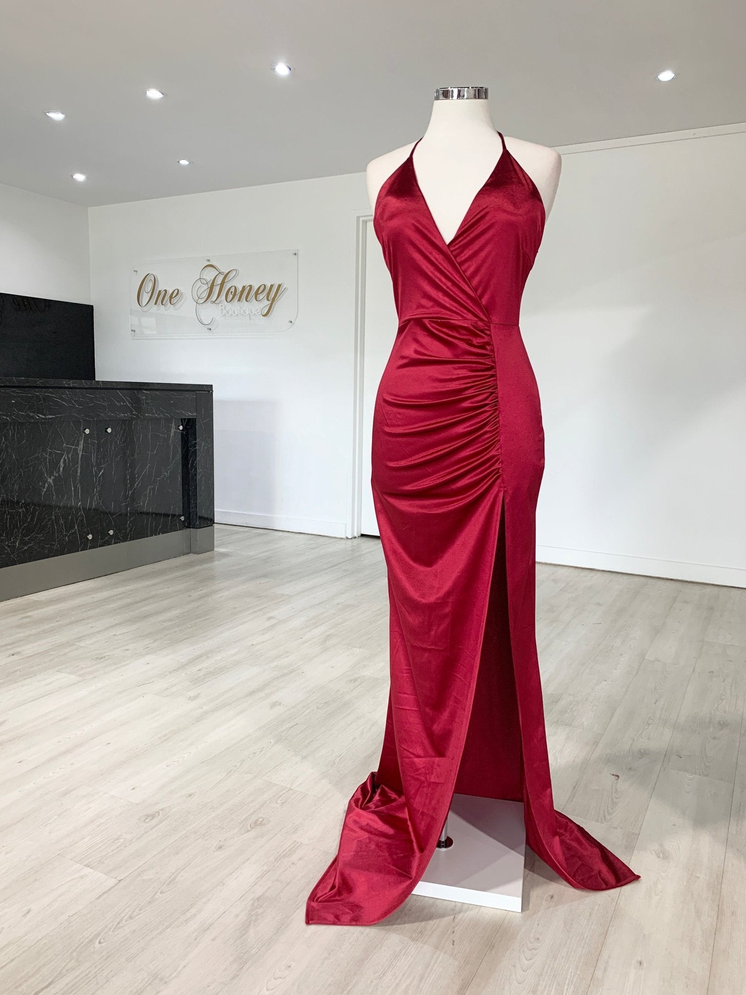 Honey Couture GISSELLE Berry Split Evening Gown Dress in Australia | One Honey Boutique