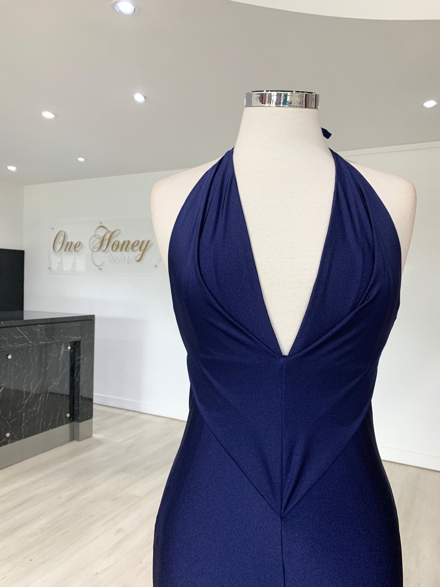 Honey Couture ARIANA Navy Blue Low Back Mermaid Evening Gown Dress in Australia | One Honey Boutique