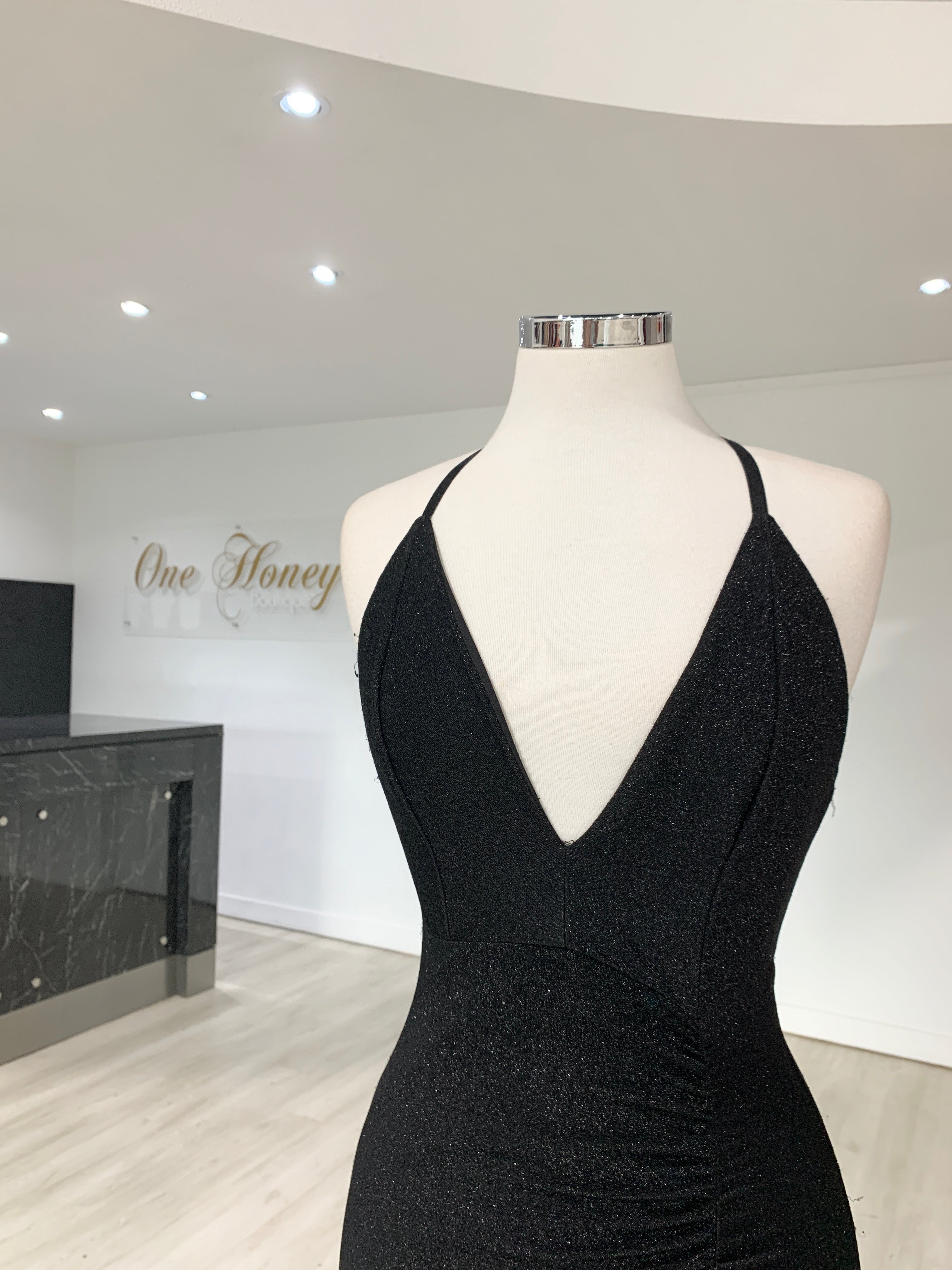 Honey Couture LUREX Black Sparkle Mermaid Evening Gown Dress on mannequin, V front, adjustable straps, made by Australian Designer. Affordable prom and evening wear.