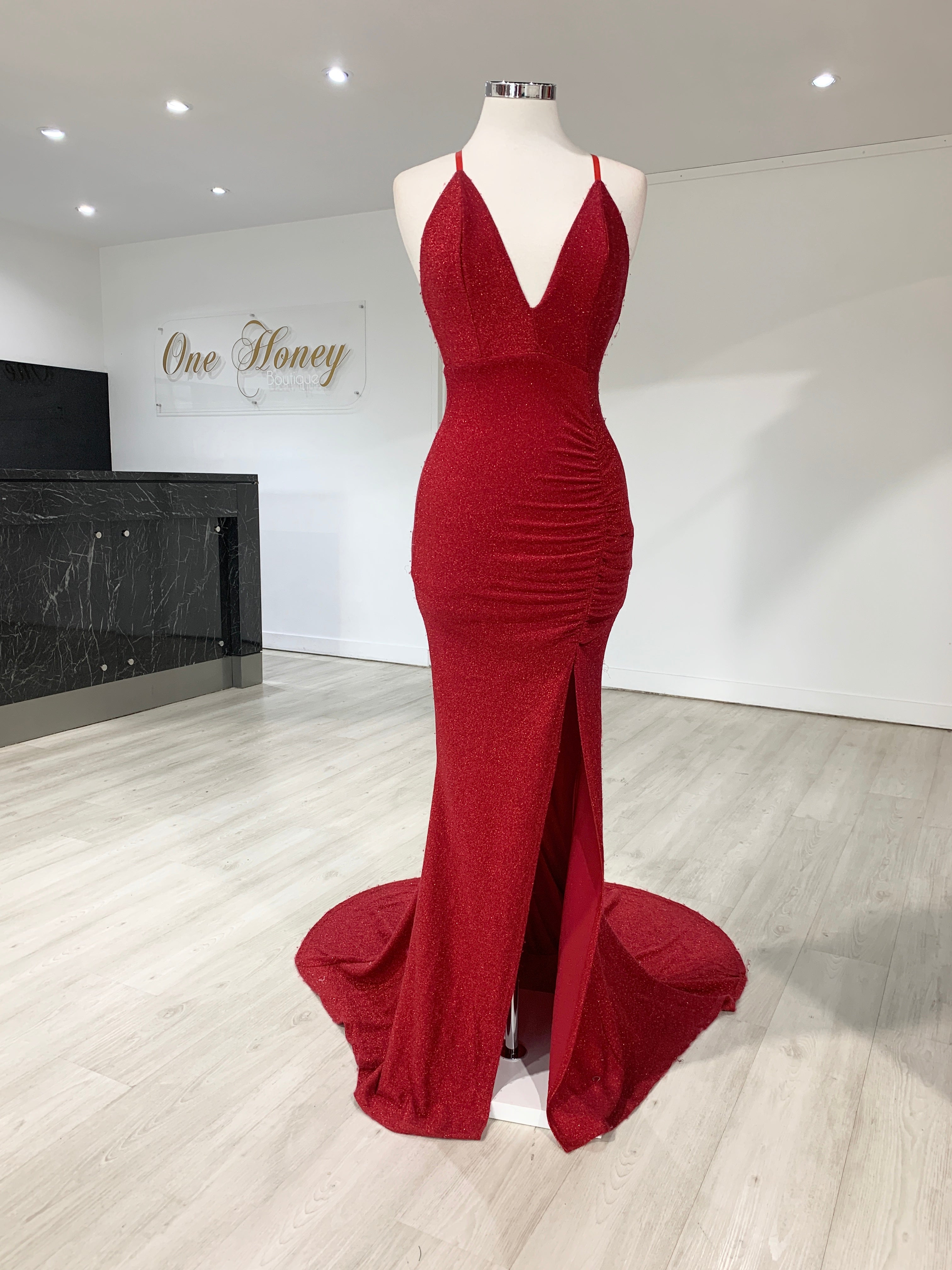 Honey Couture LUREX Red Sparkle Mermaid Evening Gown Dress - Affordable Australian Designer Prom Dress with shimmer, leg split, and adjustable straps.