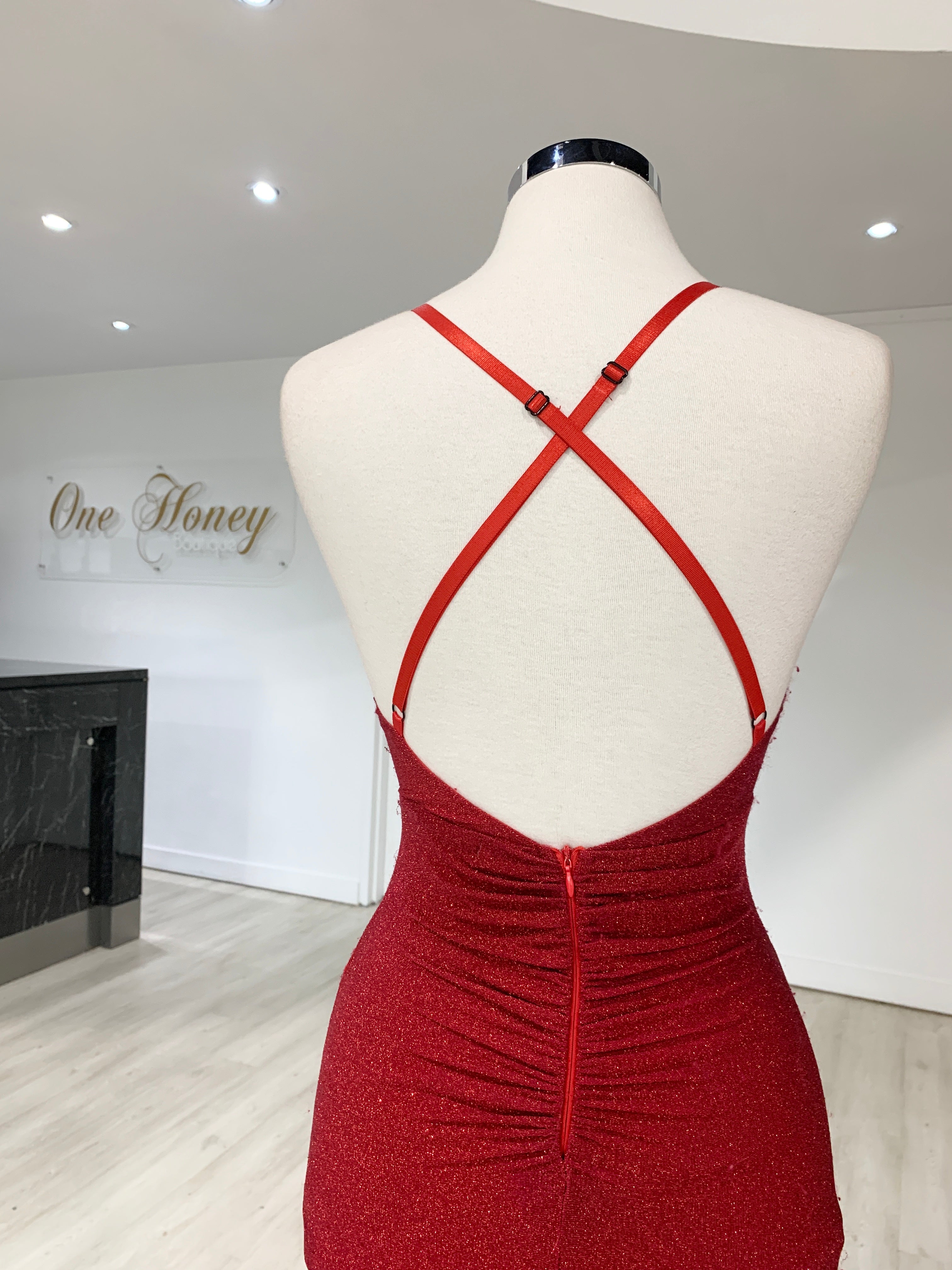 Back view of Honey Couture LUREX Red Sparkle Mermaid Evening Gown showcasing adjustable straps and ruching, by Australian Designer.