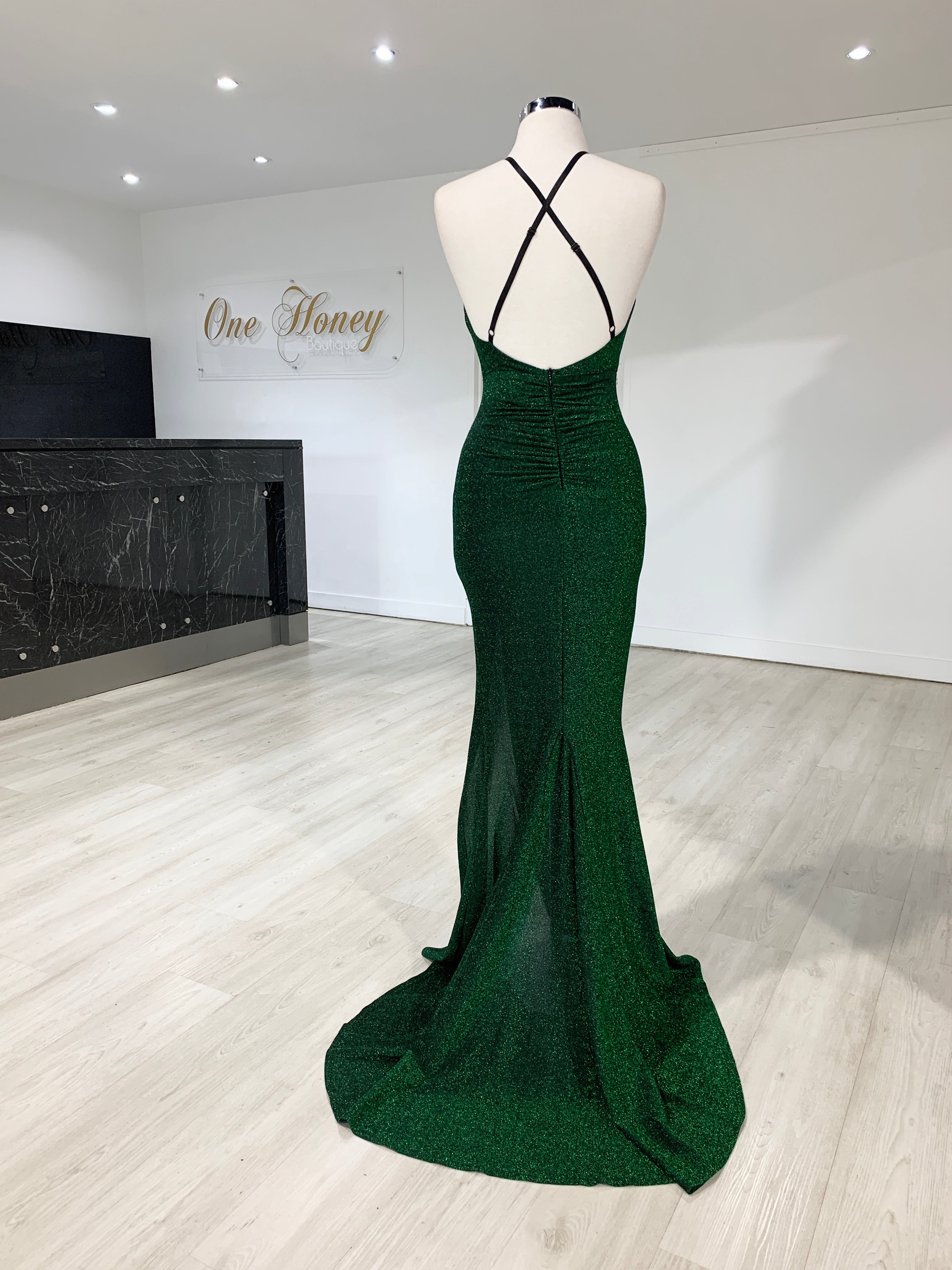 Back view of Honey Couture LUREX Emerald Green Sparkle Mermaid Evening Gown with adjustable straps and mermaid train.