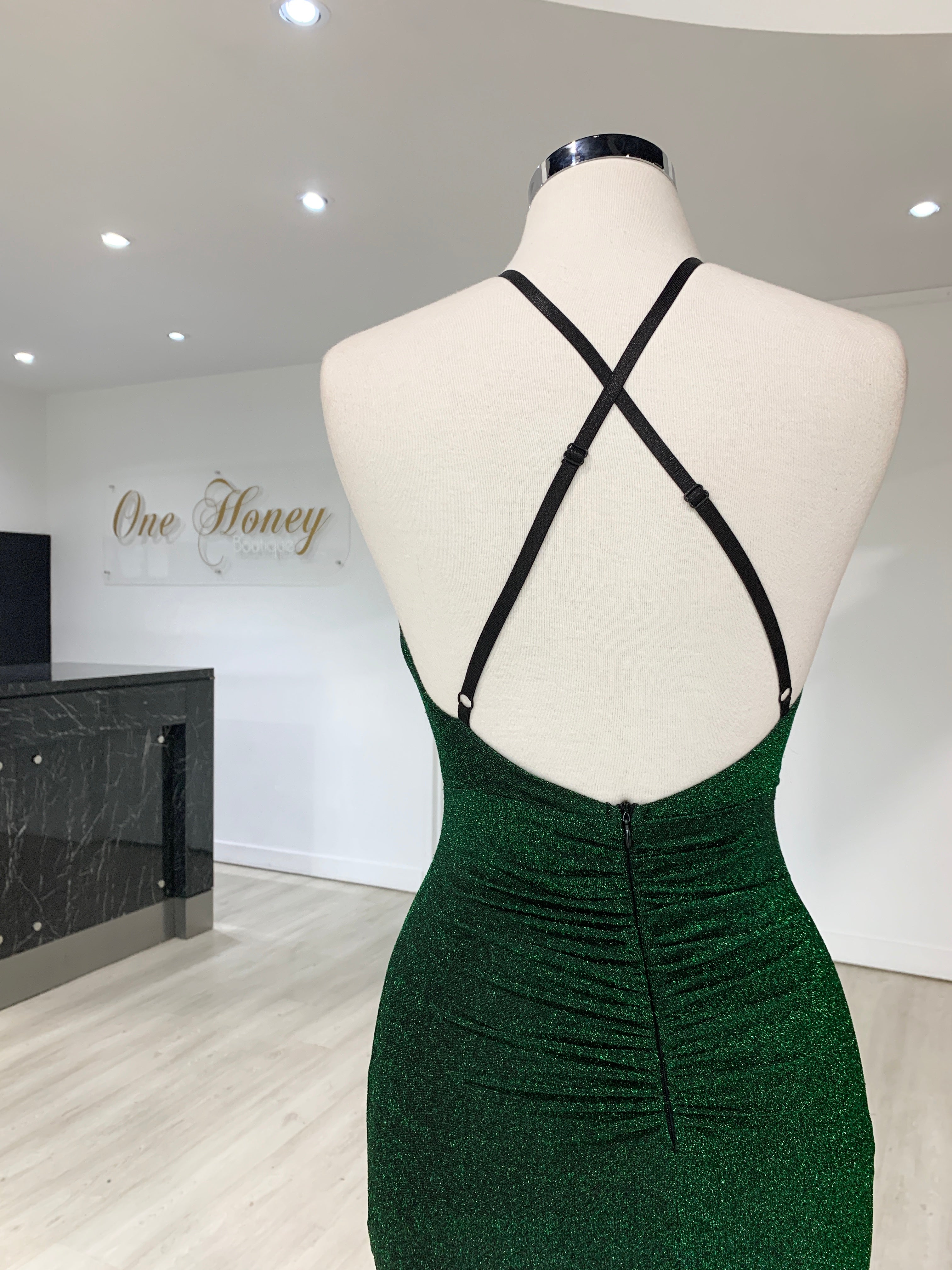 Back view of Honey Couture LUREX Emerald Green Mermaid Evening Gown with adjustable straps, perfect for formal occasions.