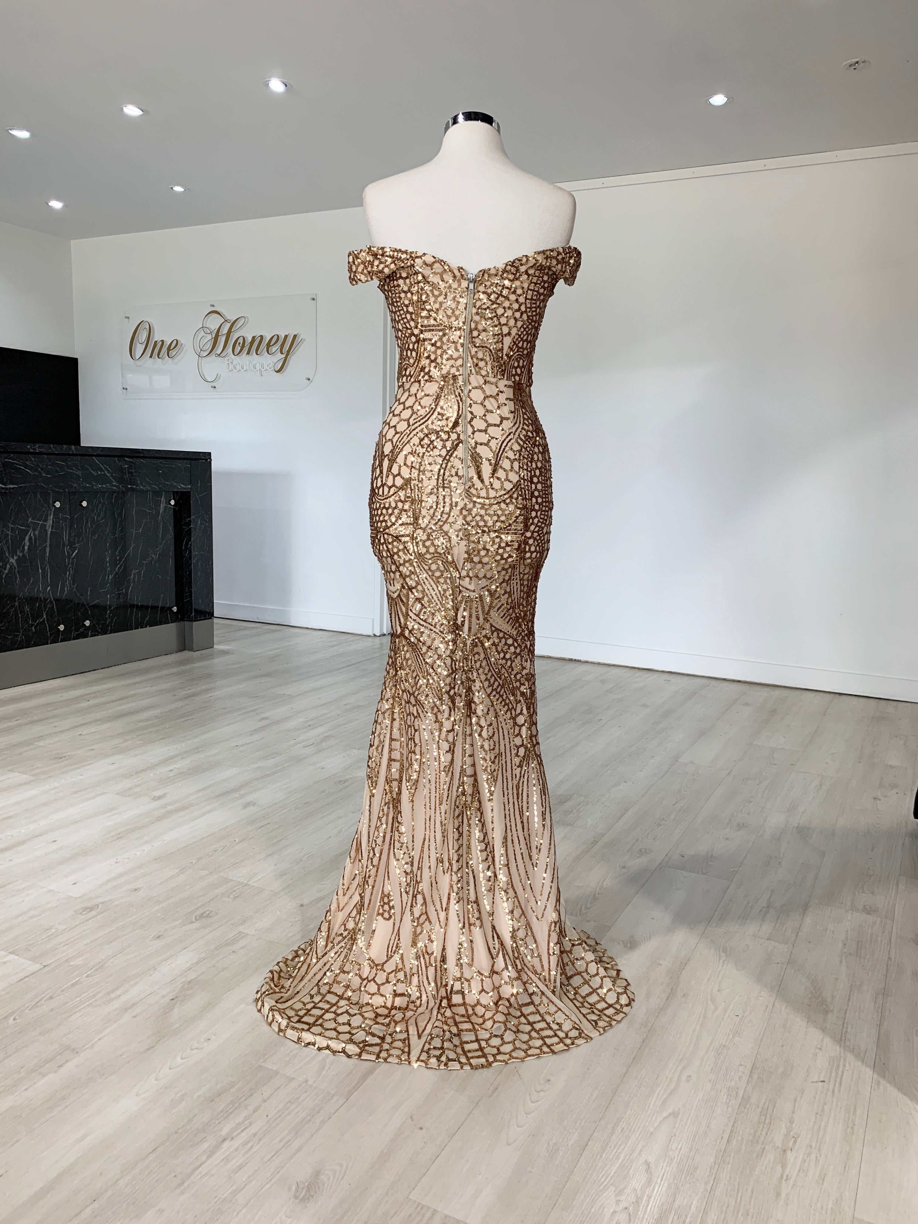 Honey Couture HAILEY Rose Gold Sheer Sequin Off Shoulder Evening Gown Dress {vendor} AfterPay Humm ZipPay LayBuy Sezzle