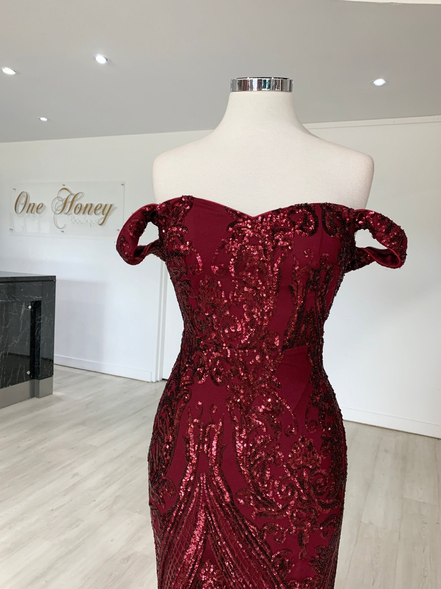 Honey Couture NISHIN Burgundy Off Shoulder Sequin Evening Gown Dress in Australia | One Honey Boutique