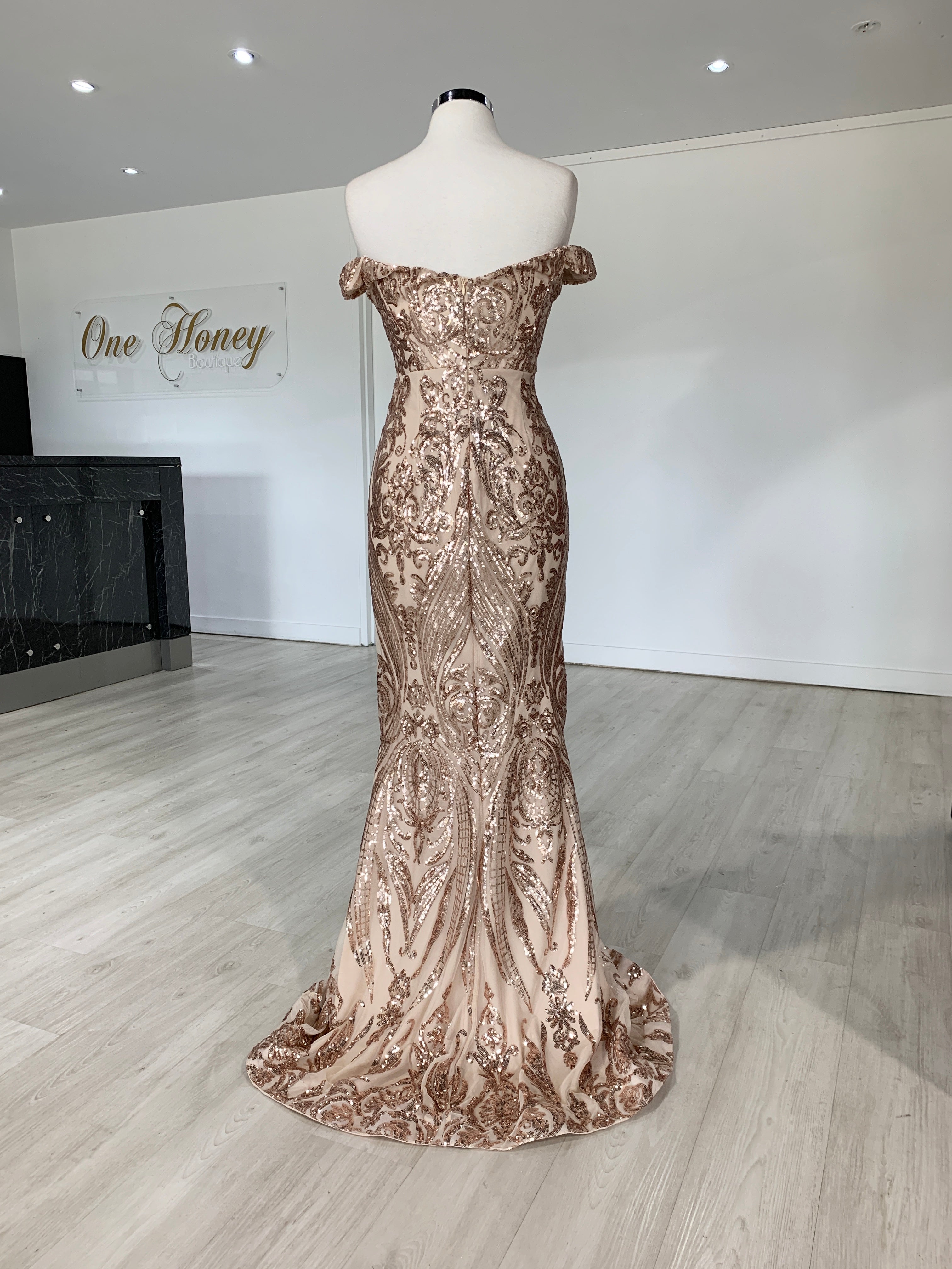 Honey Couture ALISSA Gold Off Shoulder Sequin Formal Dress {vendor} AfterPay Humm ZipPay LayBuy Sezzle