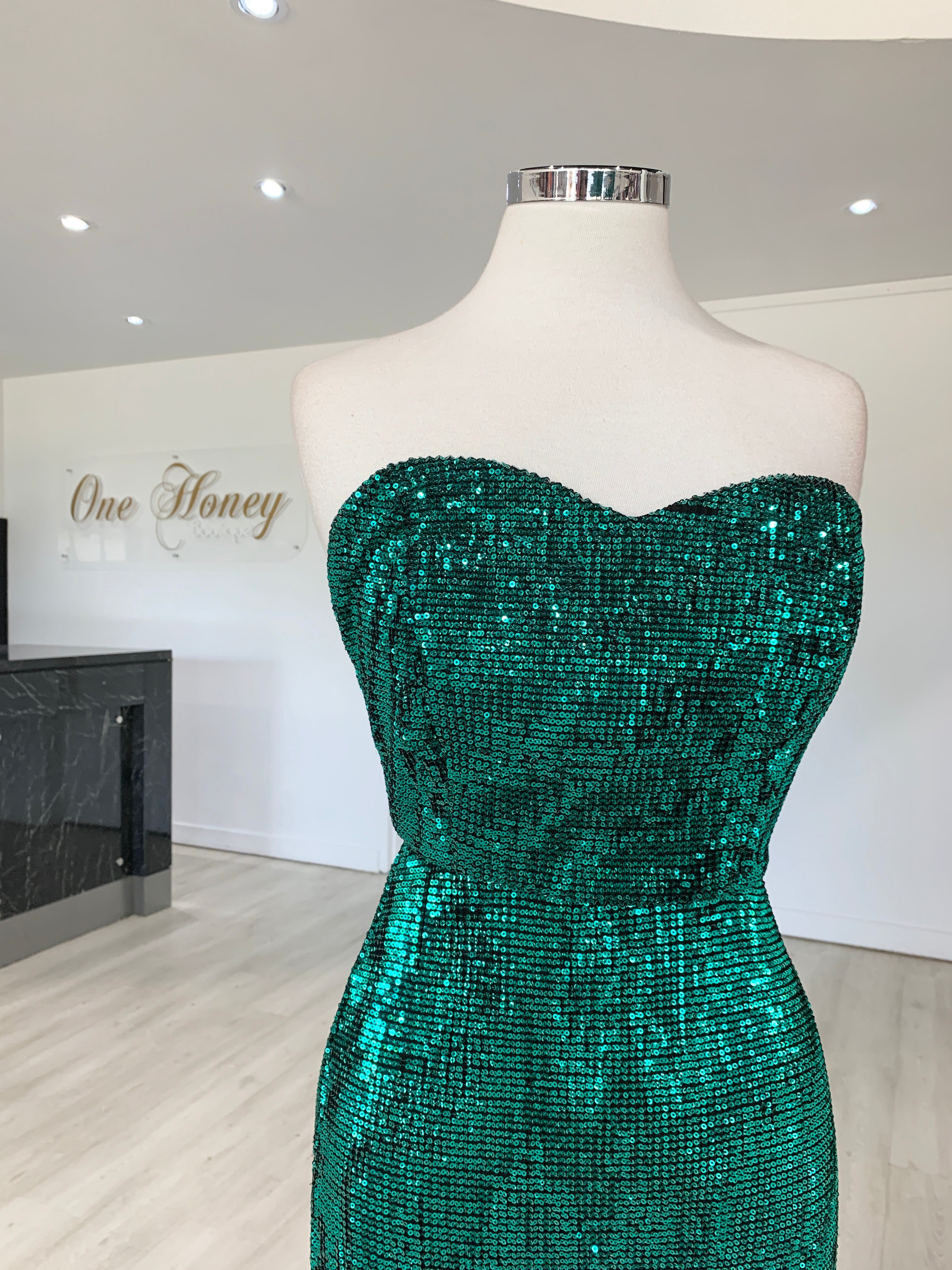 Honey Couture SONYA Emerald Green Strapless Sequin Evening Gown Dress {vendor} AfterPay Humm ZipPay LayBuy Sezzle