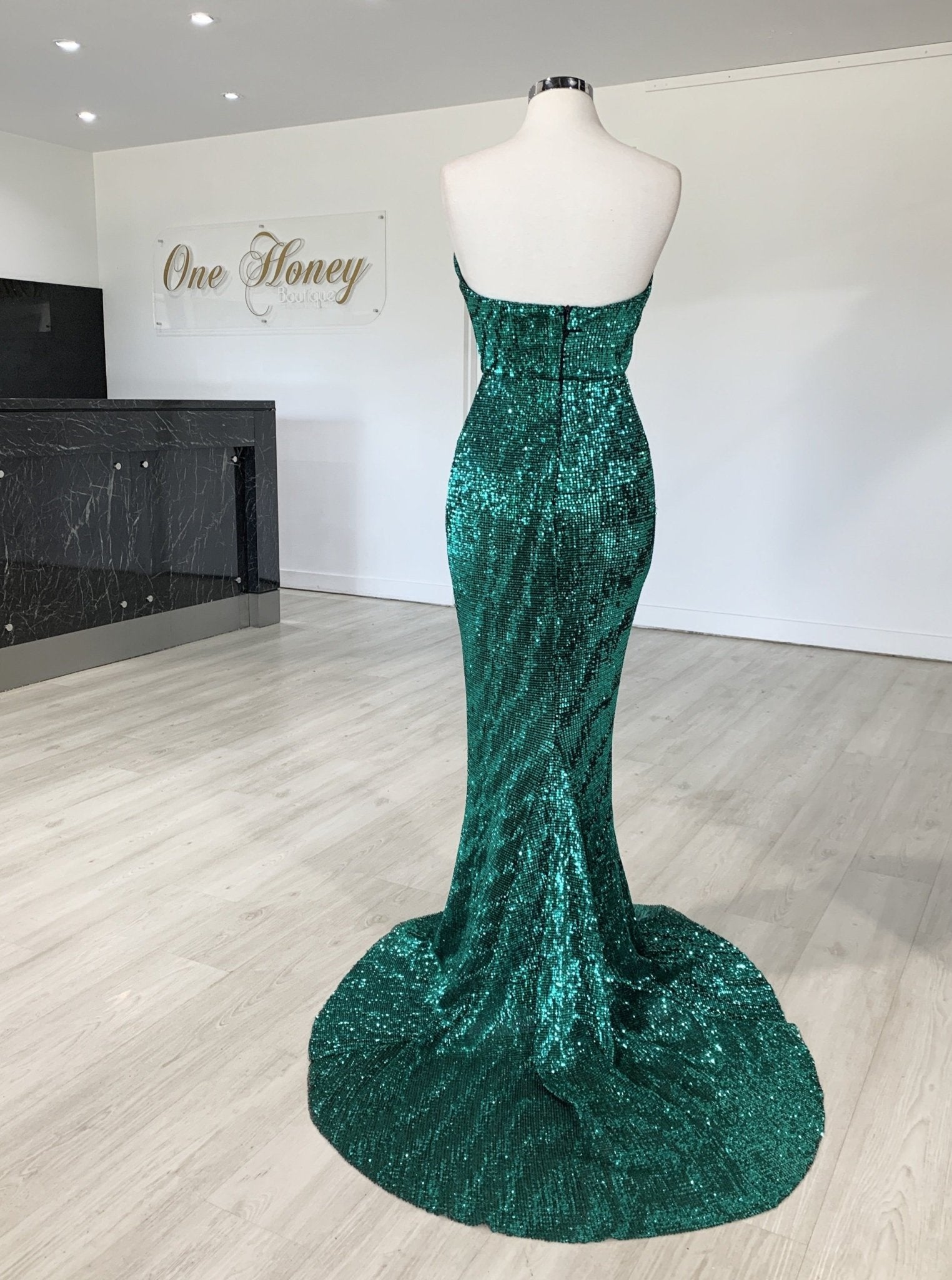 Honey Couture SONYA Emerald Green Strapless Sequin Evening Gown Dress in Australia | One Honey Boutique