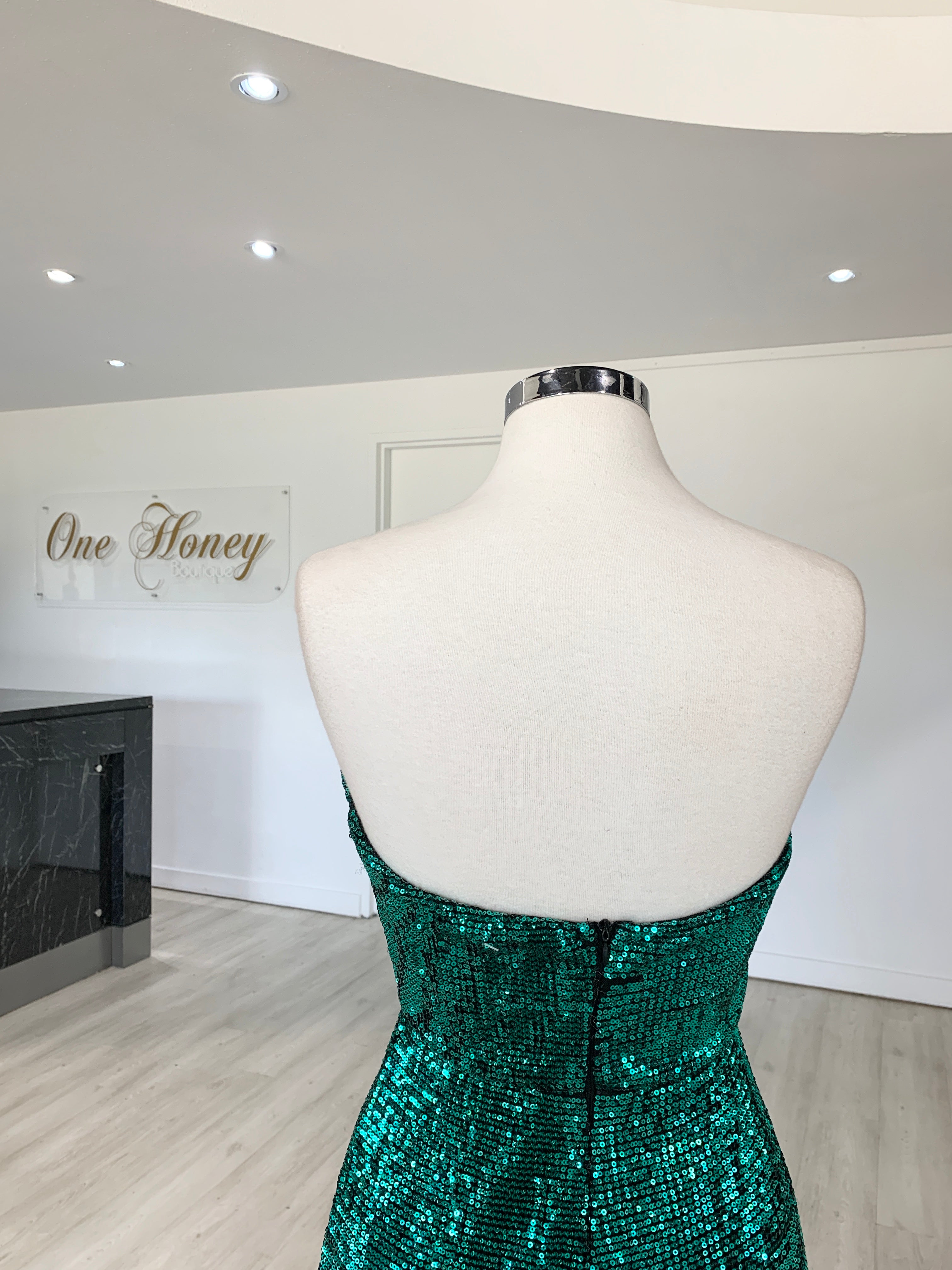 Honey Couture SONYA Emerald Green Strapless Sequin Evening Gown Dress {vendor} AfterPay Humm ZipPay LayBuy Sezzle