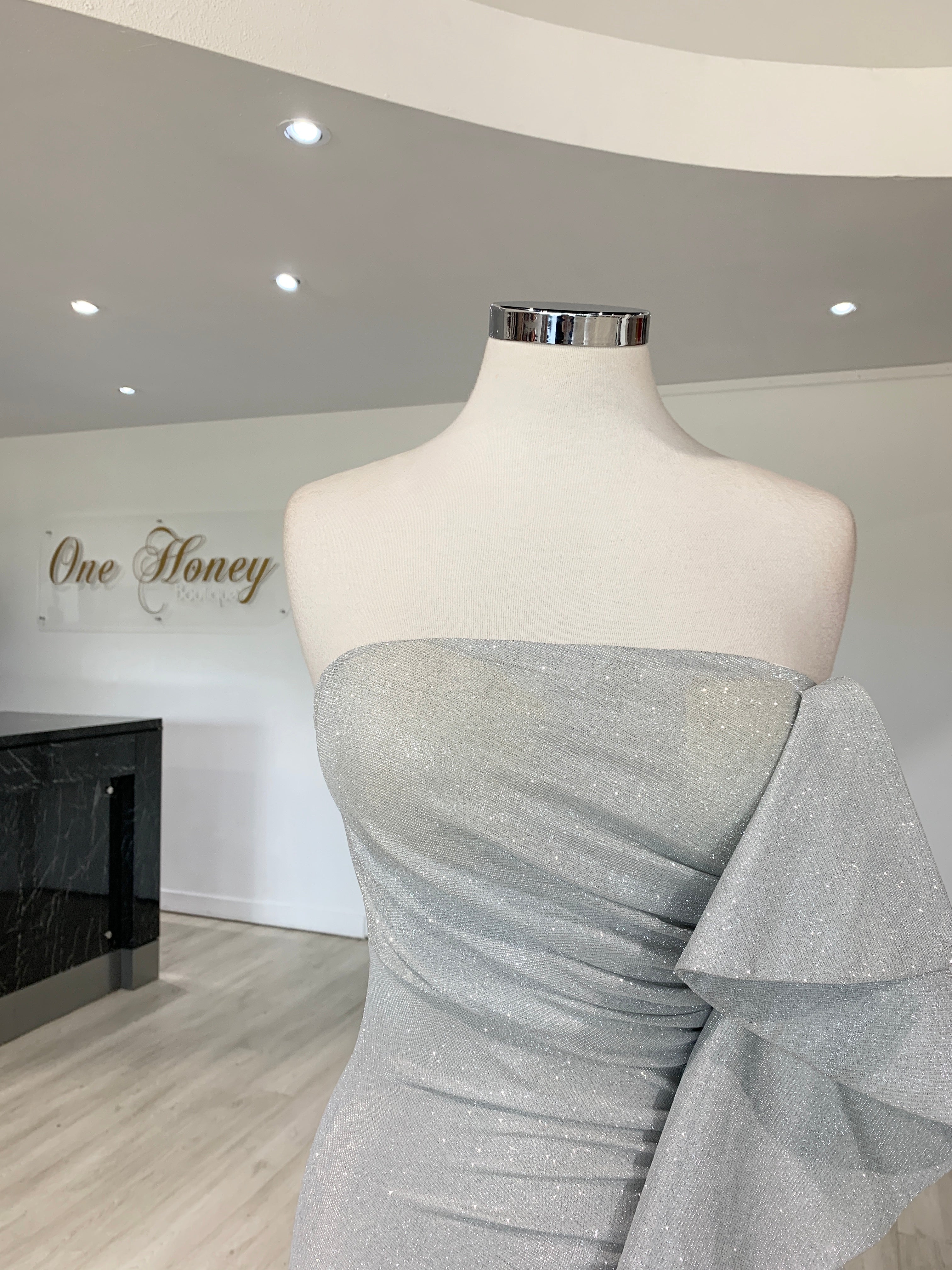 Honey Couture DESTINY Silver Sequin Ruffle Strapless Formal Gown Dress {vendor} AfterPay Humm ZipPay LayBuy Sezzle