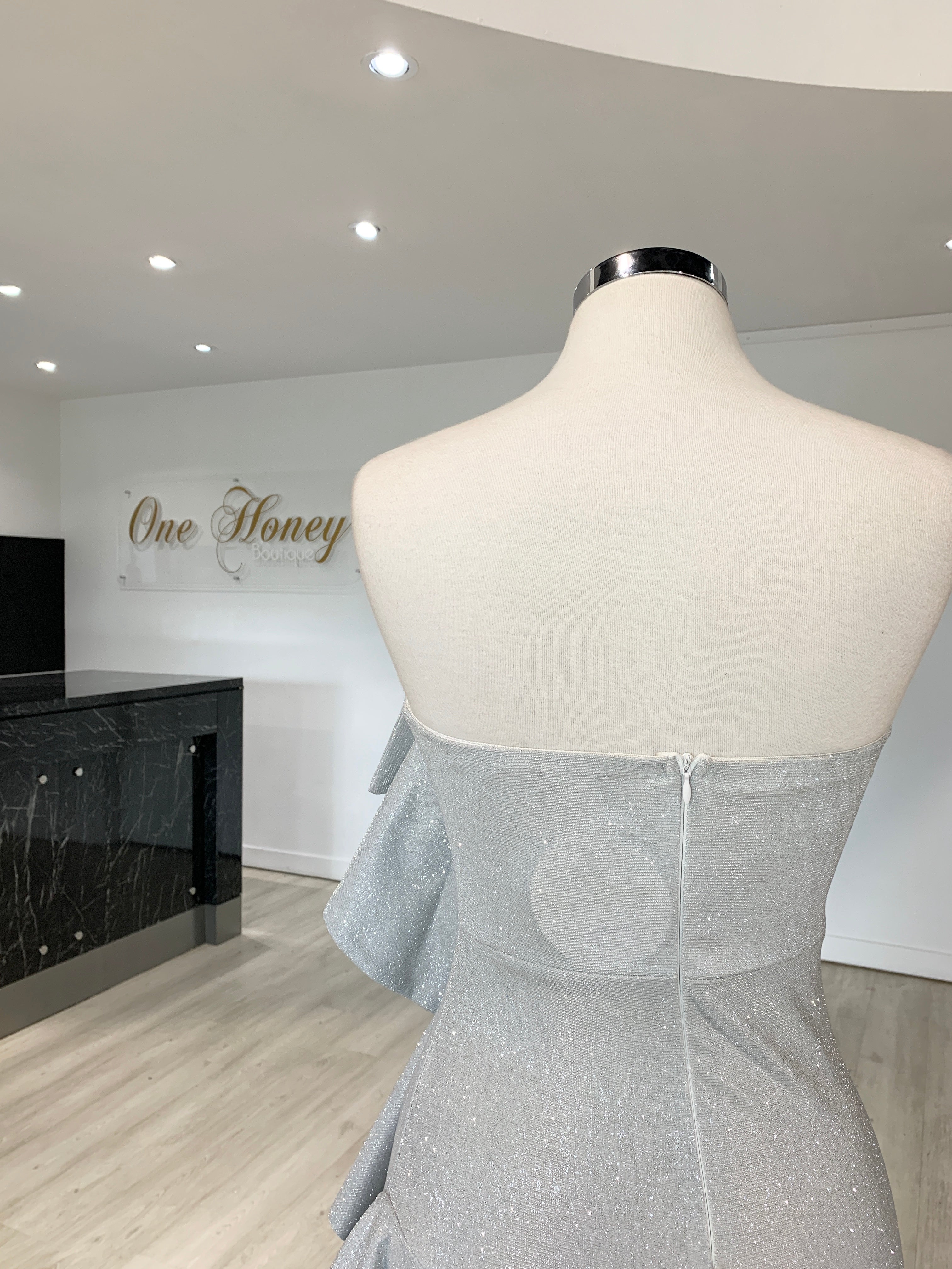 Honey Couture DESTINY Silver Sequin Ruffle Strapless Formal Gown Dress {vendor} AfterPay Humm ZipPay LayBuy Sezzle