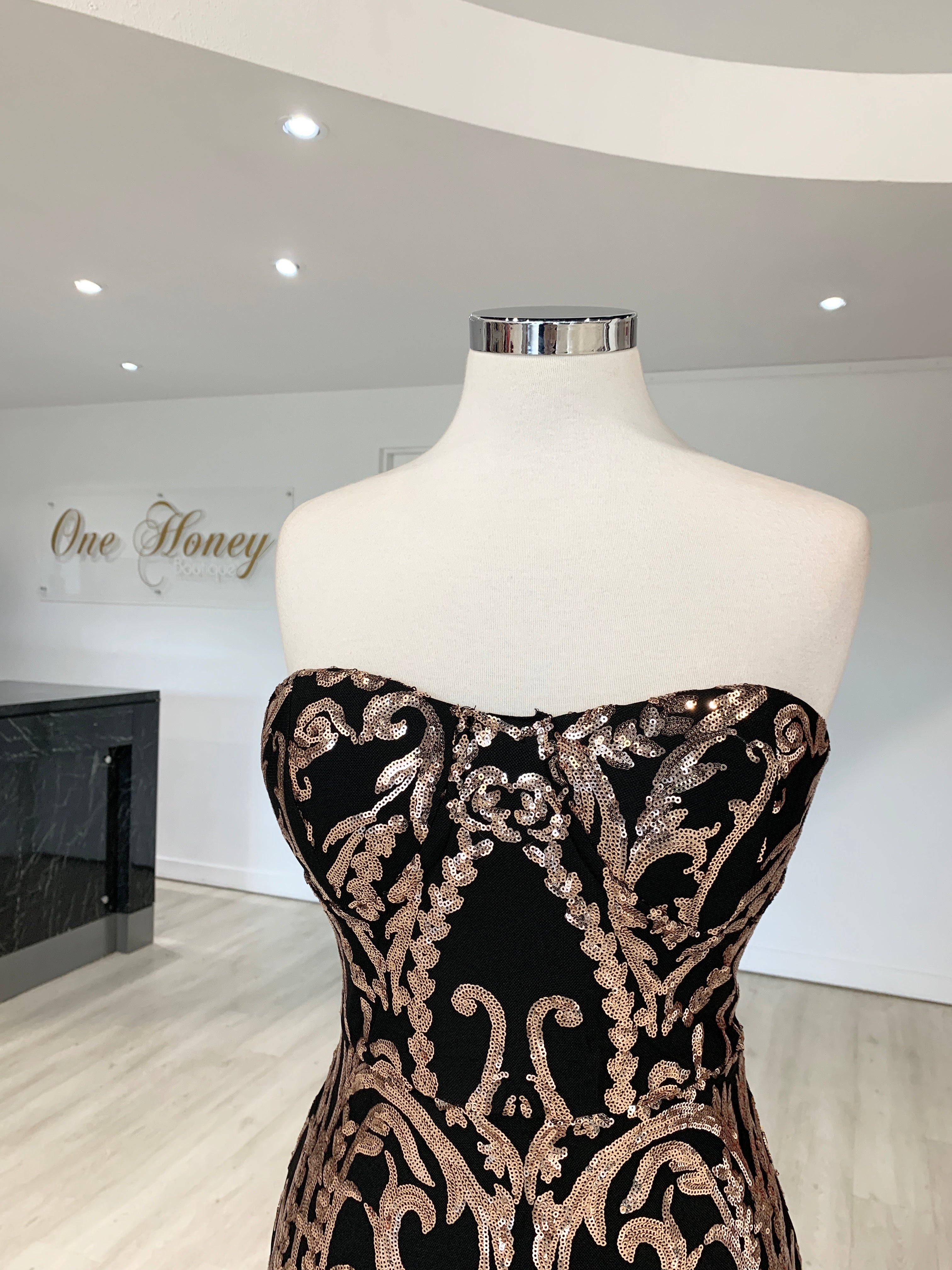Honey Couture LA ROSA Rose Gold Strapless Sequin Evening Gown Dress {vendor} AfterPay Humm ZipPay LayBuy Sezzle