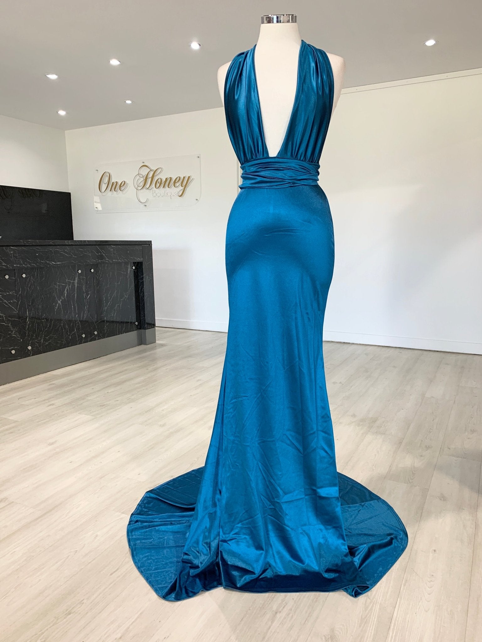 Honey Couture BLOSSUM Blue Multi Tie Evening Gown Dress in Australia | One Honey Boutique