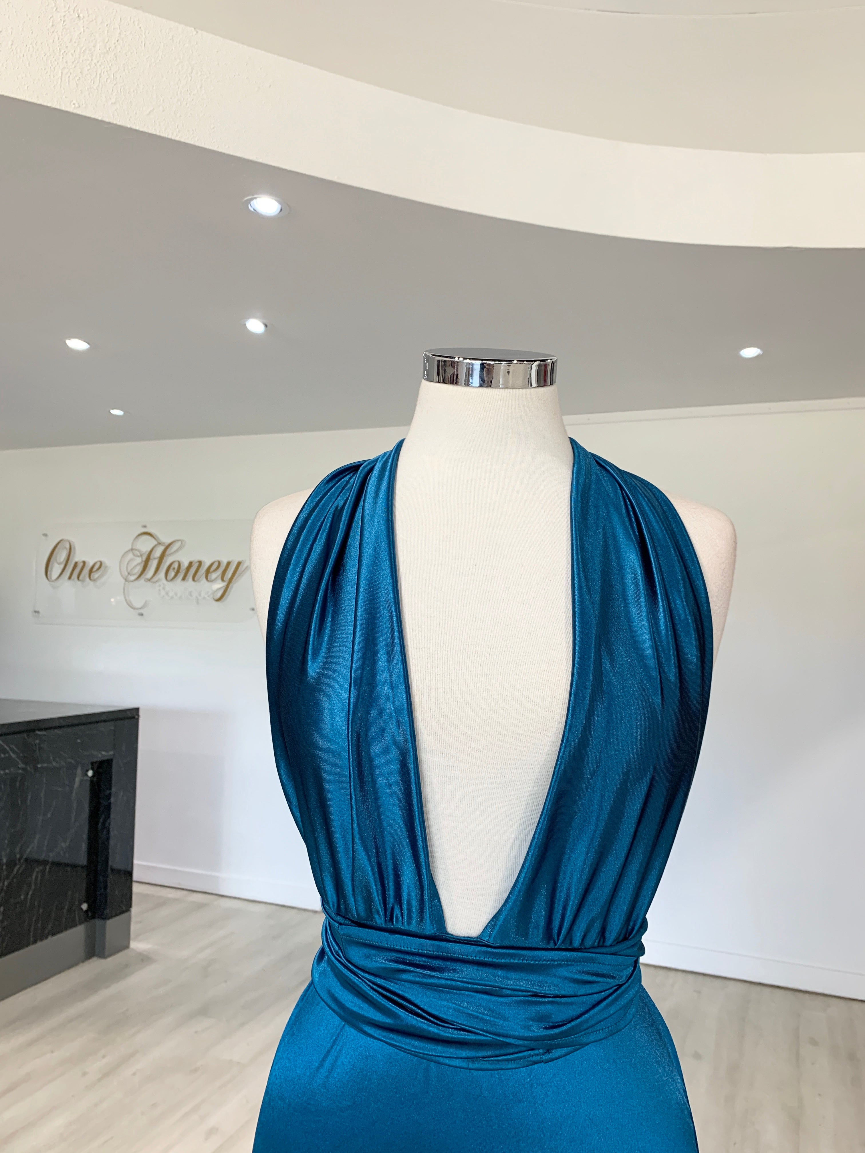 Honey Couture BLOSSUM Blue Multi Tie Evening Gown Dress, Australian Designer prom dress, affordable luxurious deep neckline gown.
