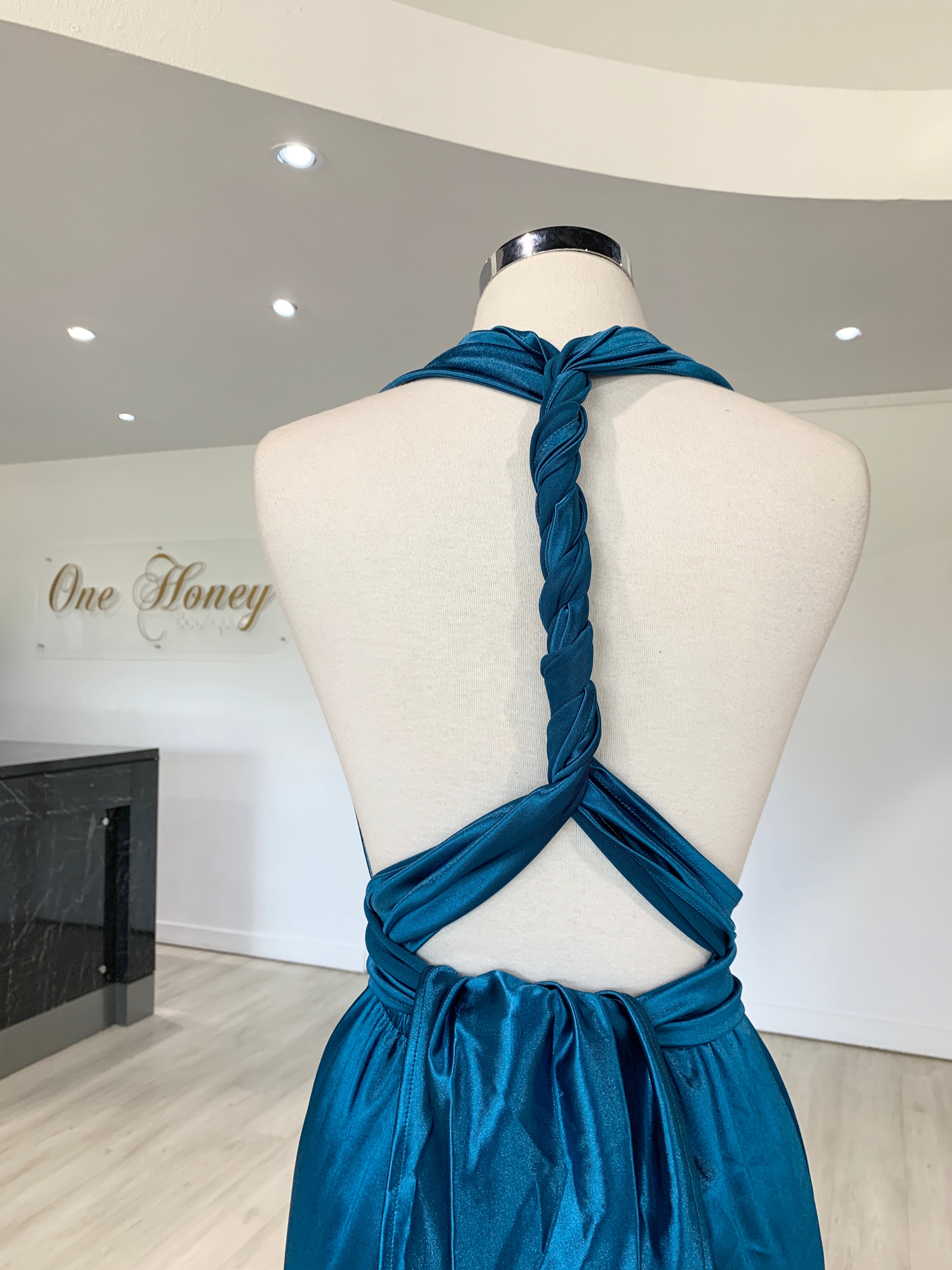 Back view of Honey Couture BLOSSUM Blue Multi Tie Evening Gown, showcasing the elegant crisscross tie design. Australian Designer Prom Dress.